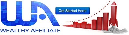 Wealthy Affiliate logo with a rising growth chart and rocket symbolizing affiliate marketing success and online business growth.