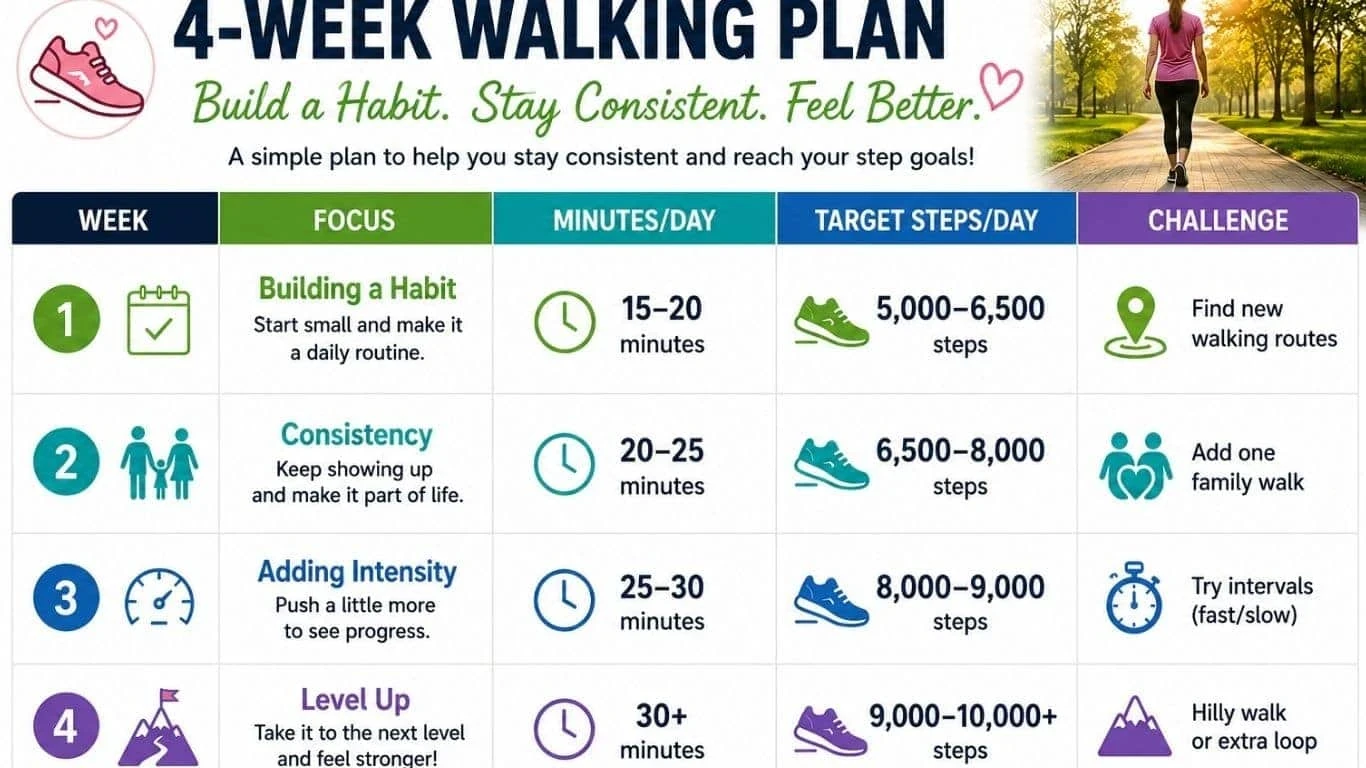 4-week walking plan for beginners showing daily walking minutes, target step goals, and weekly fitness challenges to build a healthy walking habit.