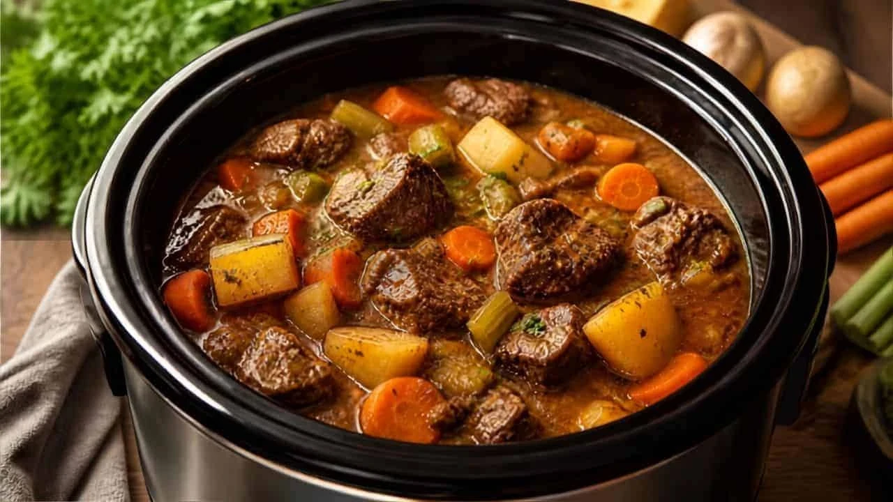 Healthy slow cooker beef stew with carrots, potatoes, and vegetables cooking in a crockpot for an easy family dinner.
