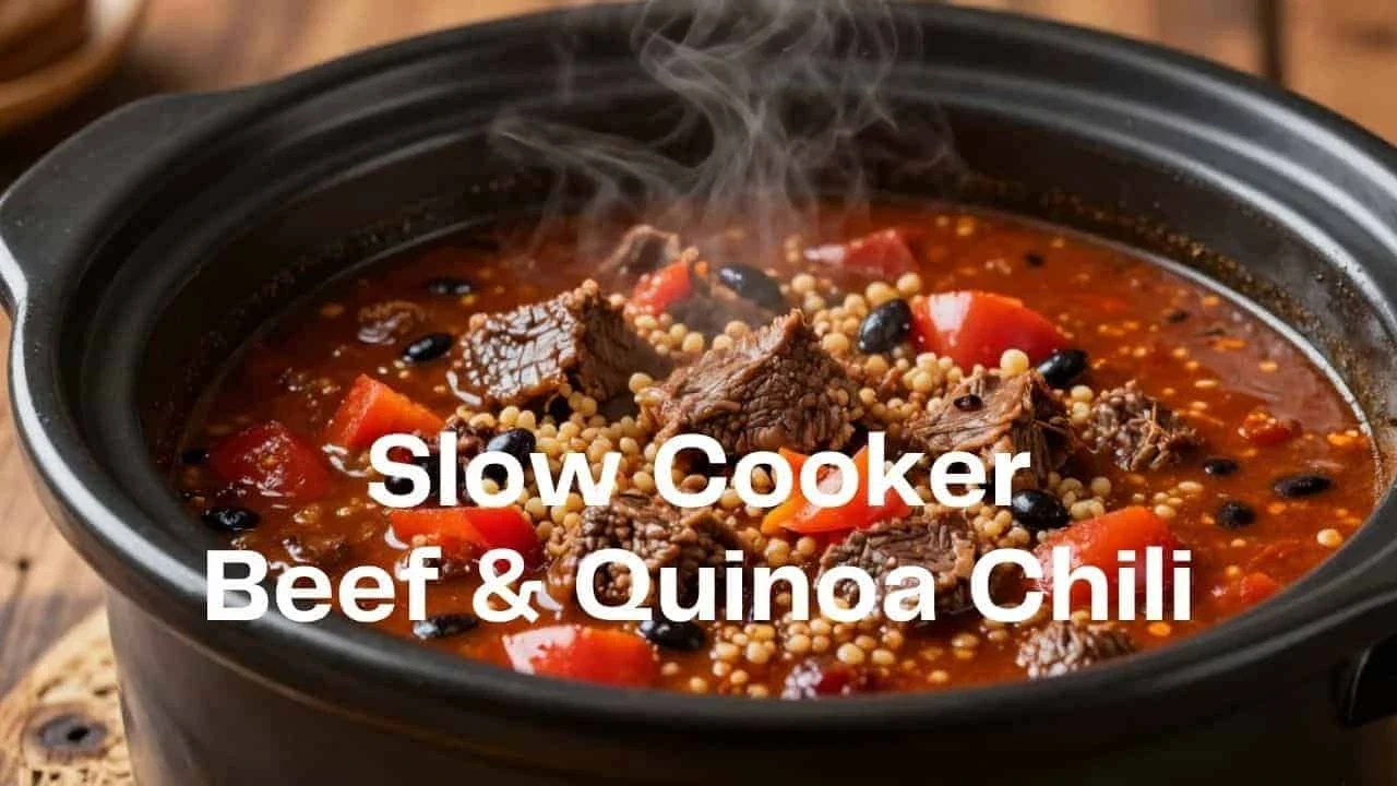 Healthy slow cooker beef and quinoa chili with vegetables simmering in a crockpot for an easy, high-protein family dinner.