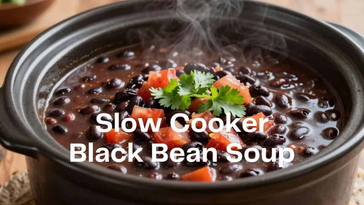 Healthy slow cooker black bean soup with tomatoes and fresh cilantro simmering in a crockpot for an easy vegetarian family meal.