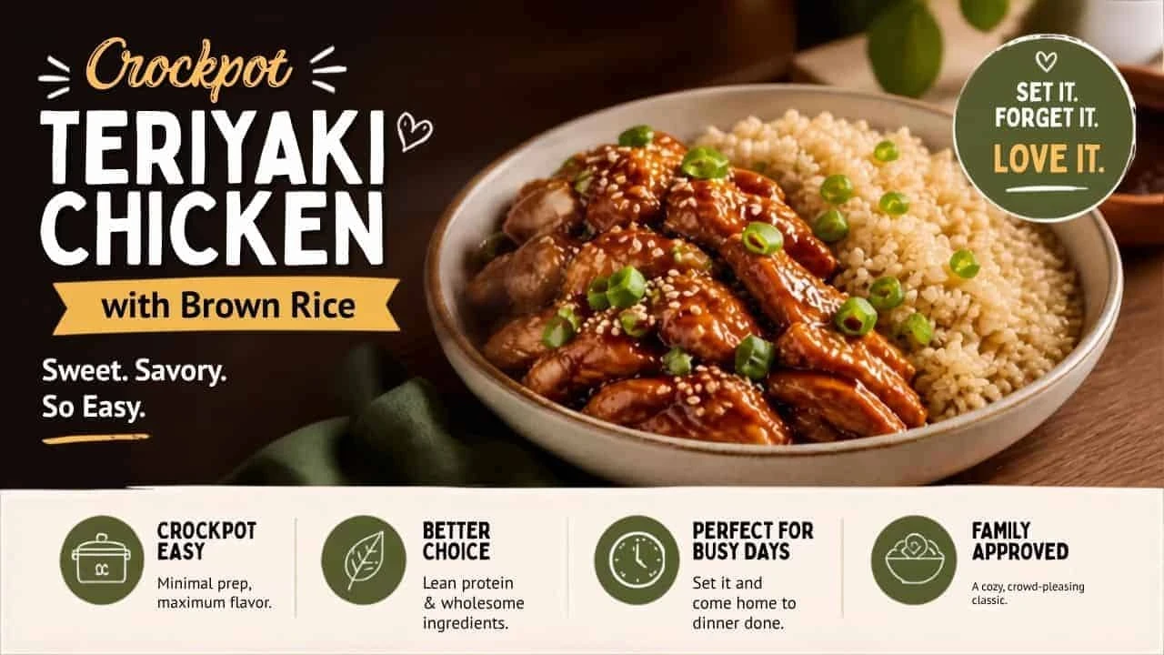 Healthy slow cooker teriyaki chicken served over brown rice, topped with sesame seeds and green onions for an easy family dinner.