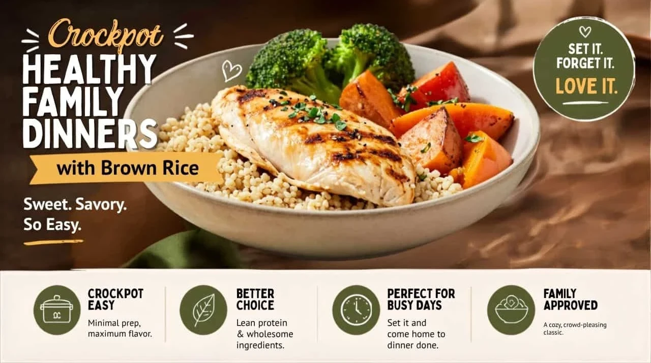 Healthy crockpot chicken breast with brown rice, broccoli, and roasted vegetables for an easy family dinner.