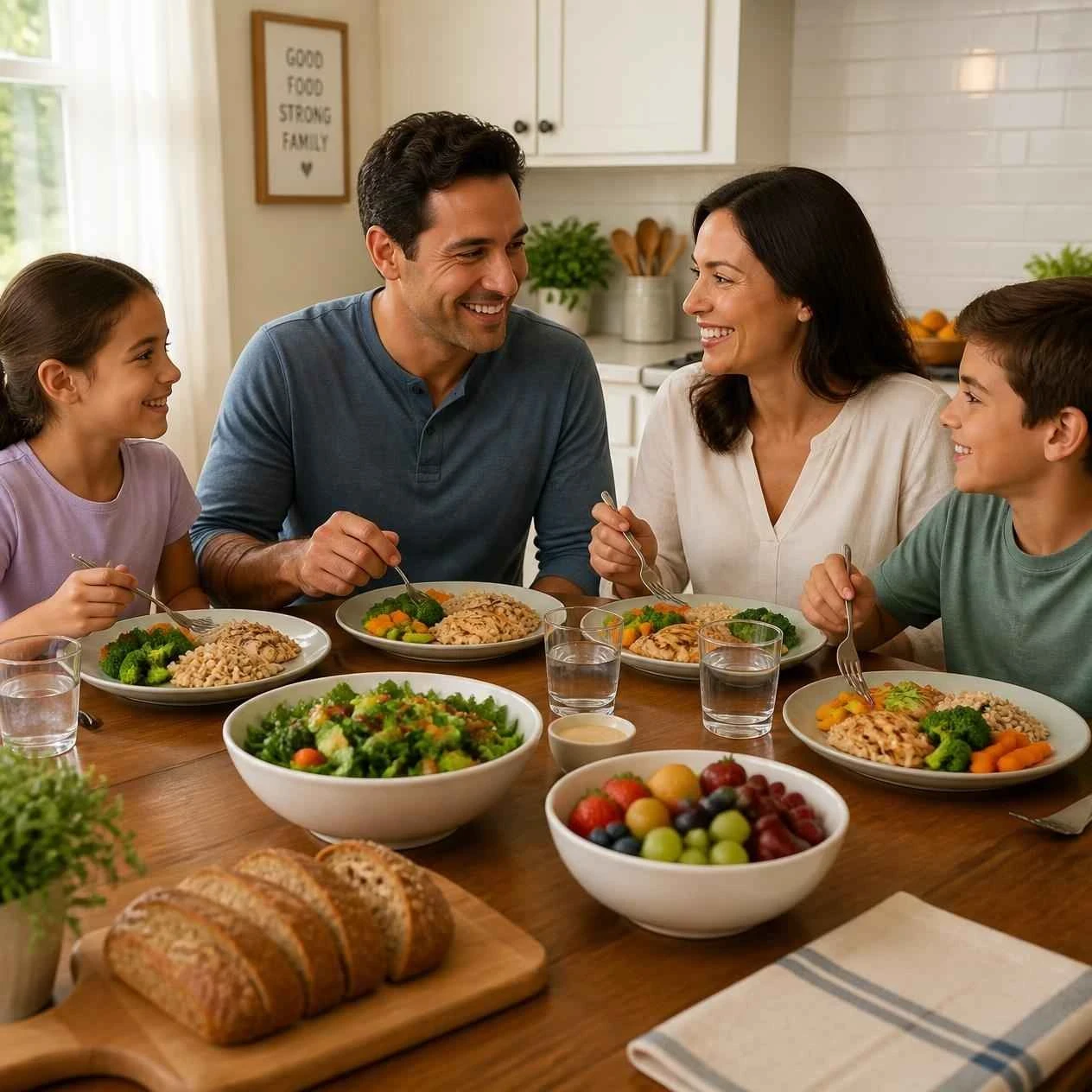 Family enjoying a healthy homemade dinner together at the dining table.