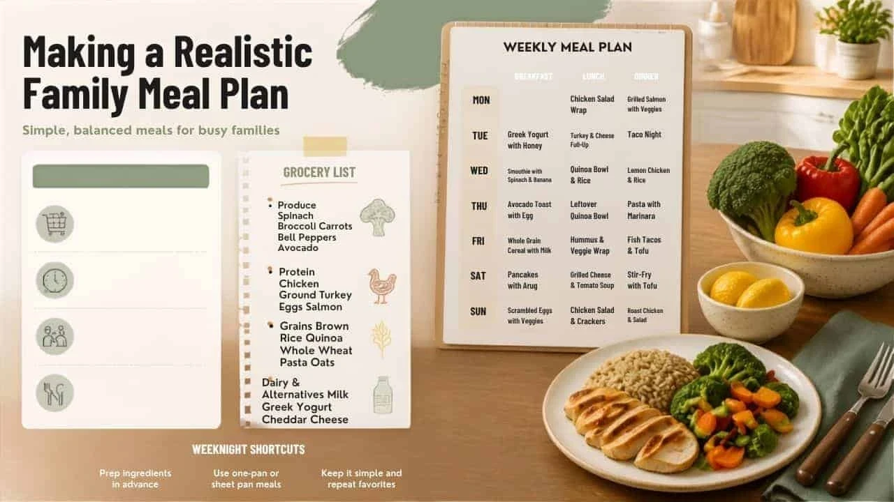 Realistic healthy family meal plan with a weekly menu, grocery list, and fresh vegetables.