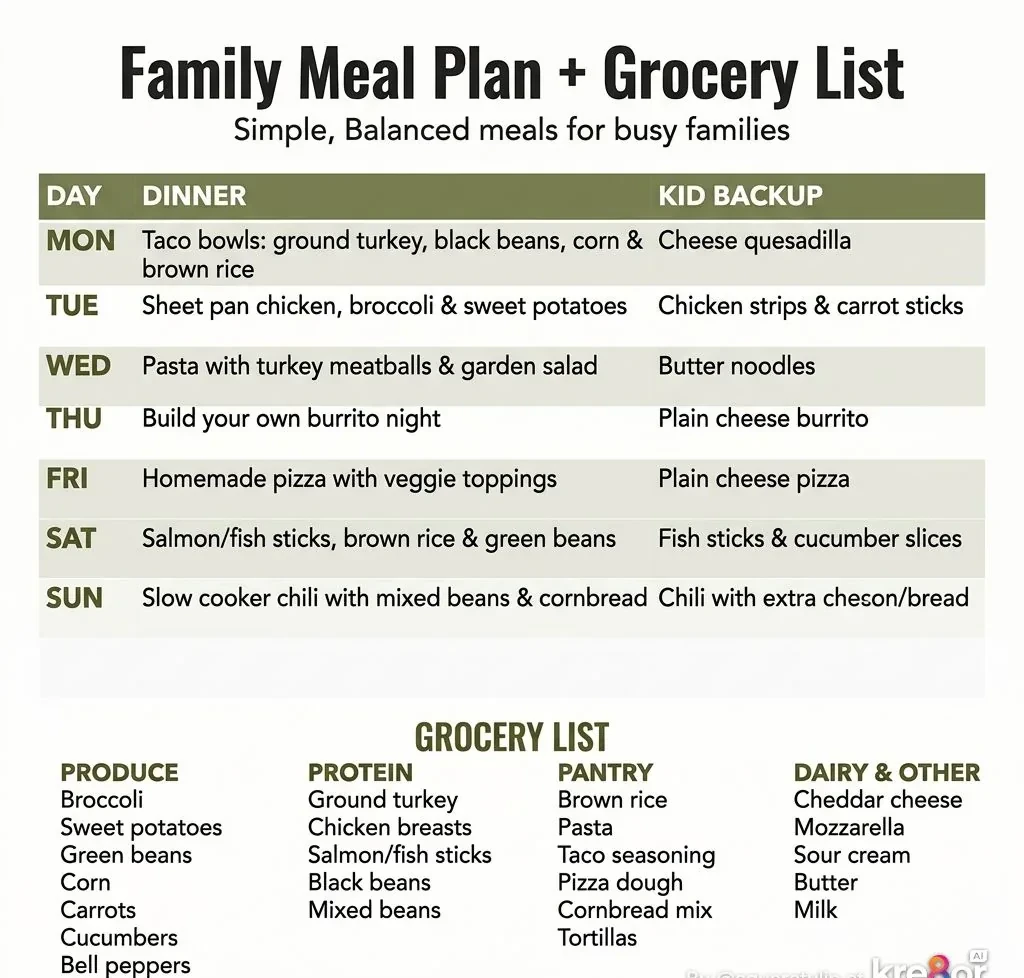 Family meal plan and grocery list organized for easy weekly meal planning.