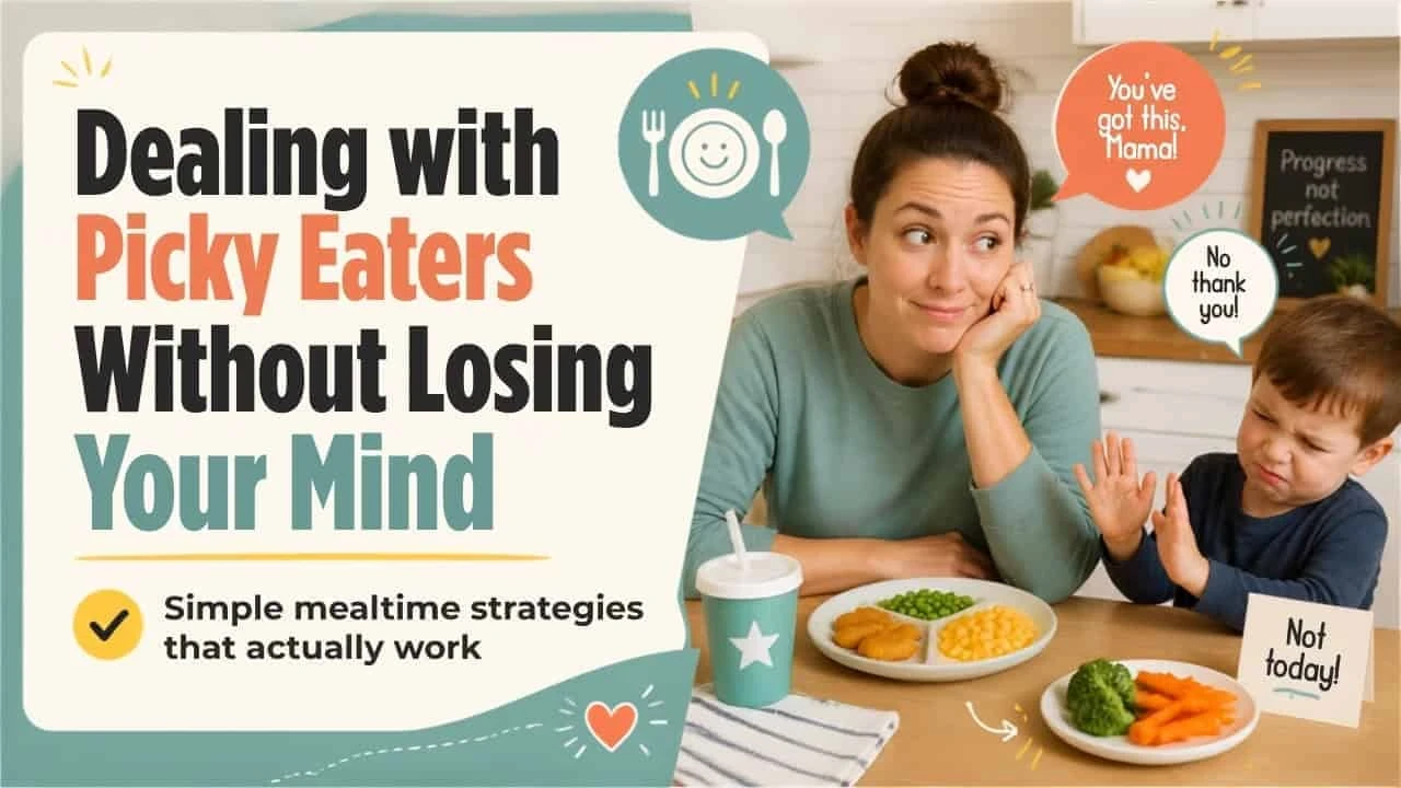 Busy mom enjoying a healthy meal while learning strategies for helping picky eaters try new foods.