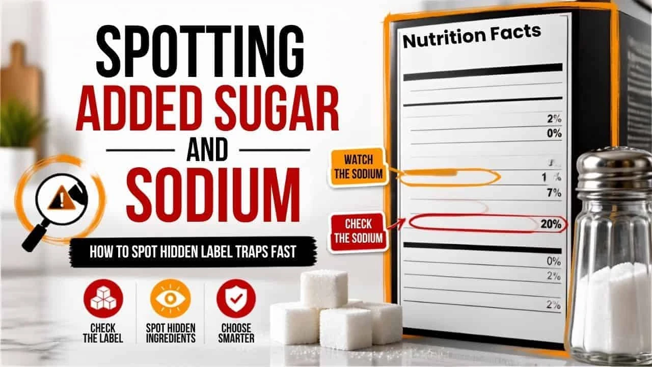 Food label guide showing how to identify added sugar and sodium when choosing packaged foods.