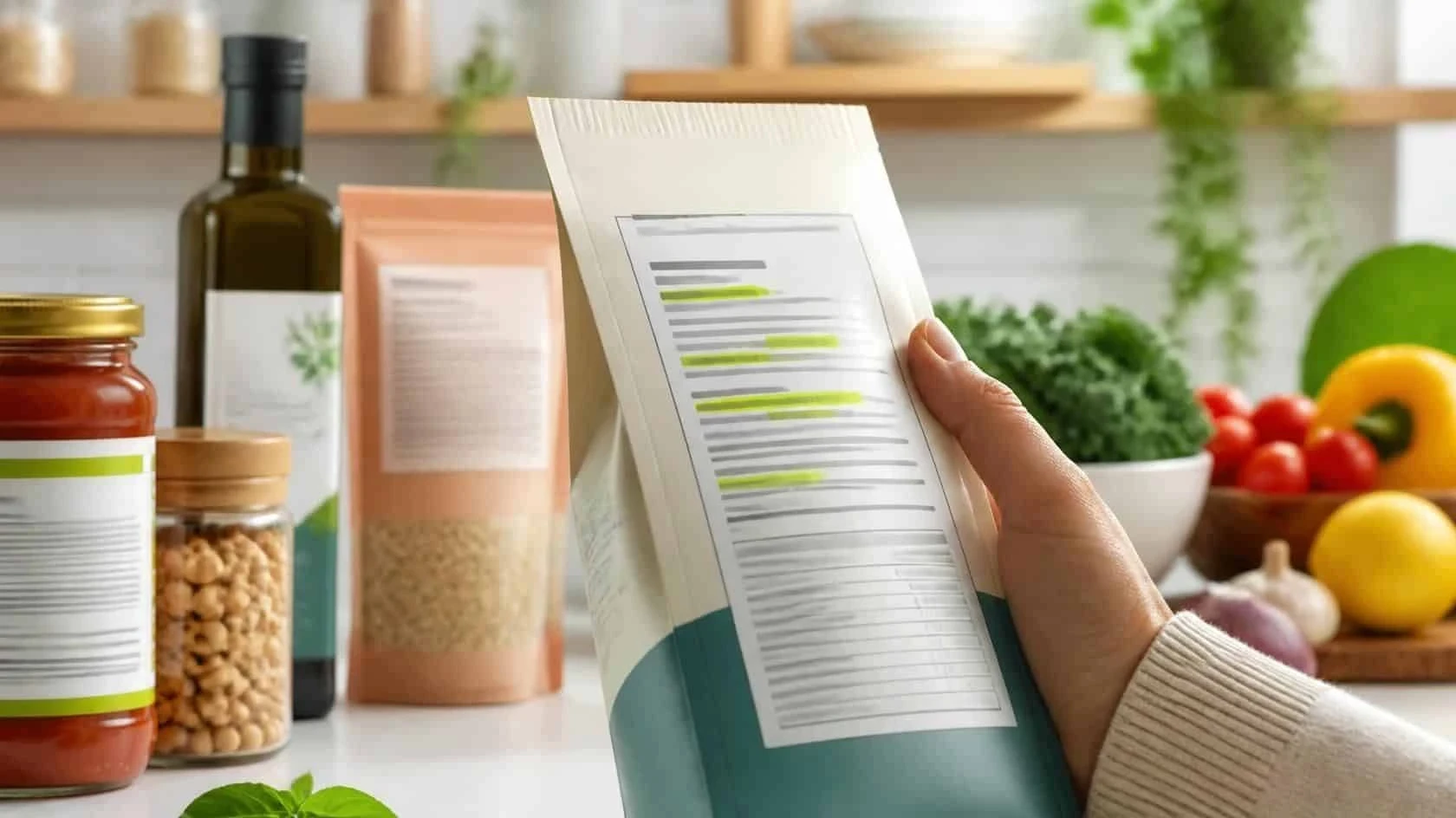 Person reading a nutrition label on a packaged food product in a bright kitchen.