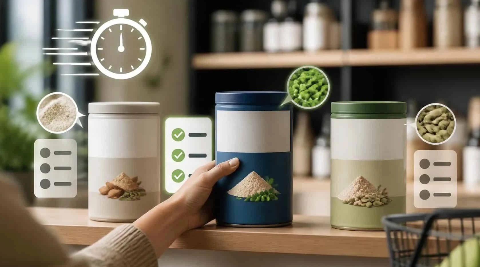 Hand selecting a labeled food storage container on a kitchen shelf.