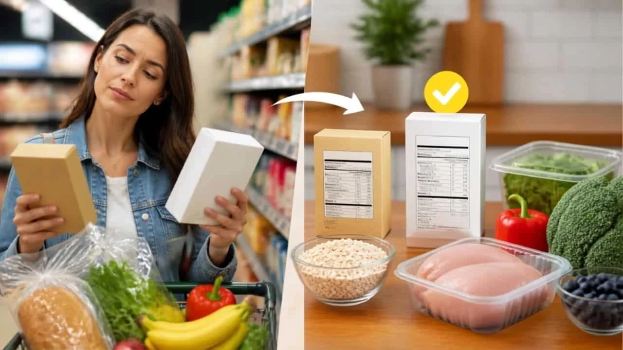 Shopper comparing nutrition labels on packaged foods while choosing healthy options at a grocery store.