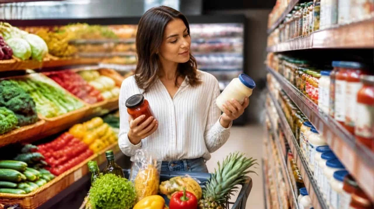 Woman comparing packaged foods while shopping for fresh and healthy groceries in a supermarket.