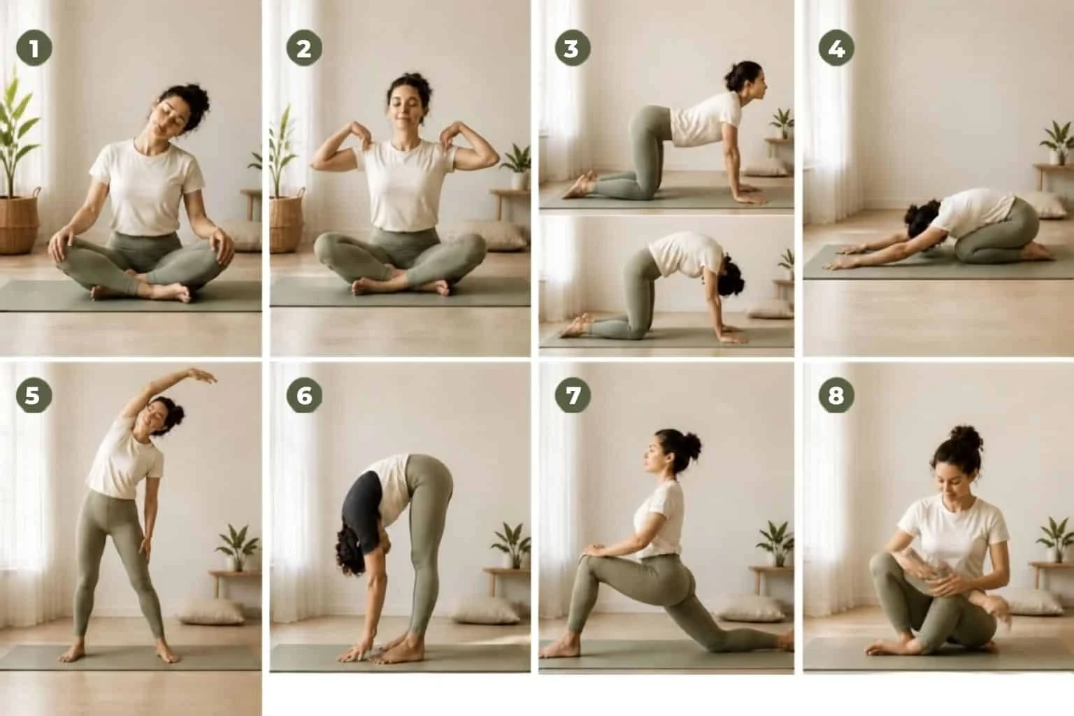 Busy mom doing a gentle full-body stretching routine at home.