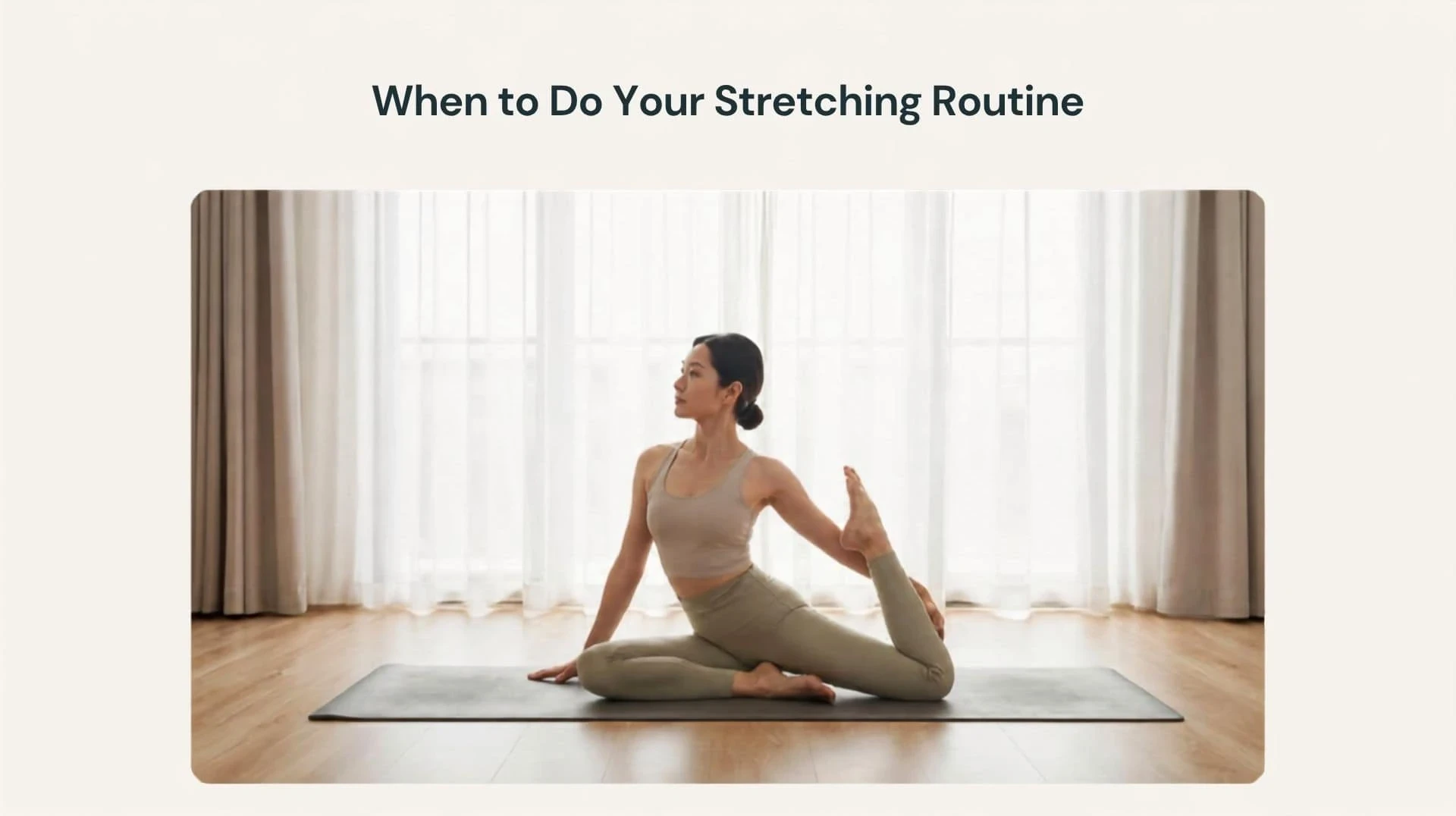 Woman doing a gentle stretching exercise at home as part of a 10-minute stretching routine.