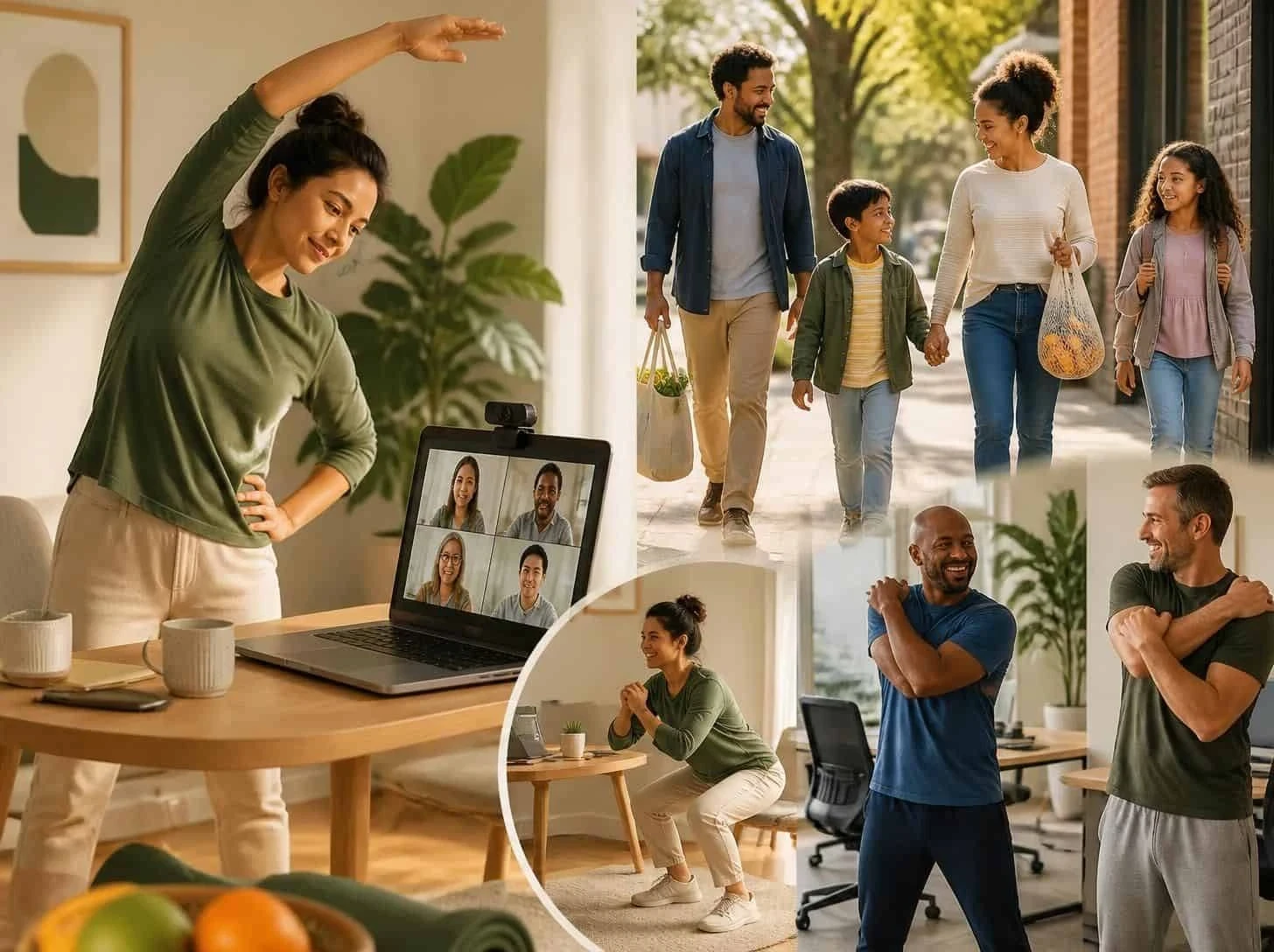 Family and adults staying active with stretching, walking, and simple exercises at home and outdoors.