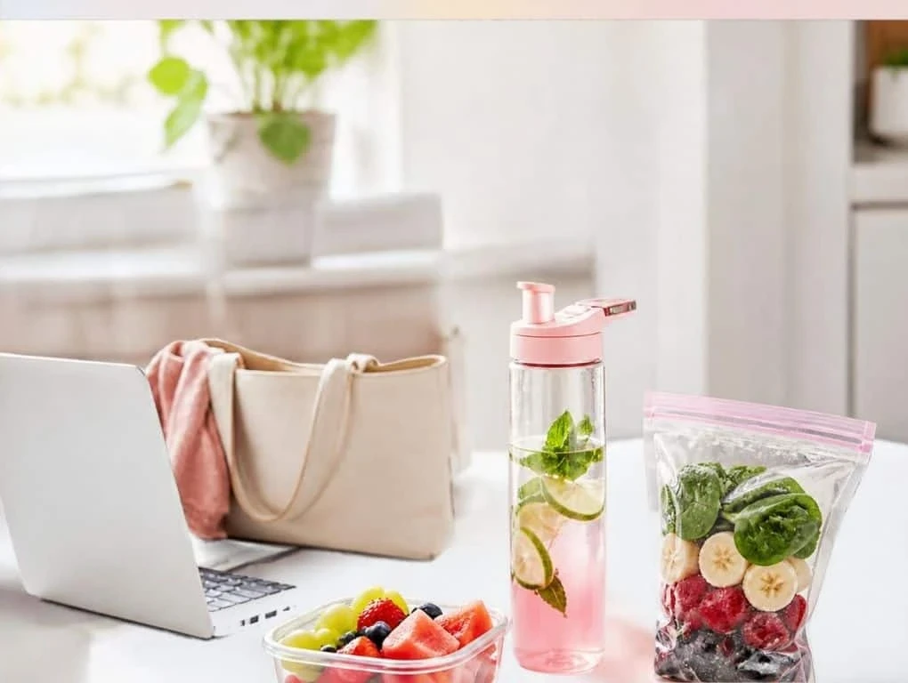 a filled water bottle, easy healthy snacks, and practical busy-day habits.