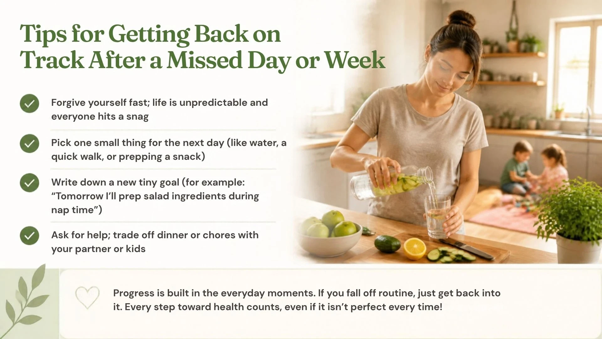 Woman preparing a healthy meal in the kitchen with tips for getting back on track after missing a day or week.