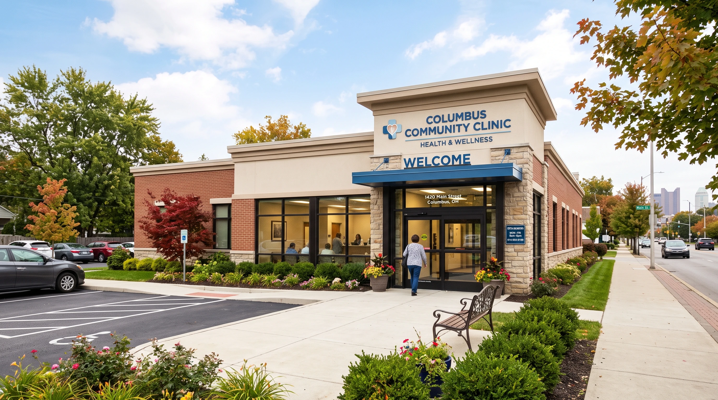 A generic clinic exterior in Columbus, Ohio with a clean and professional look, focusing on welcoming facility.