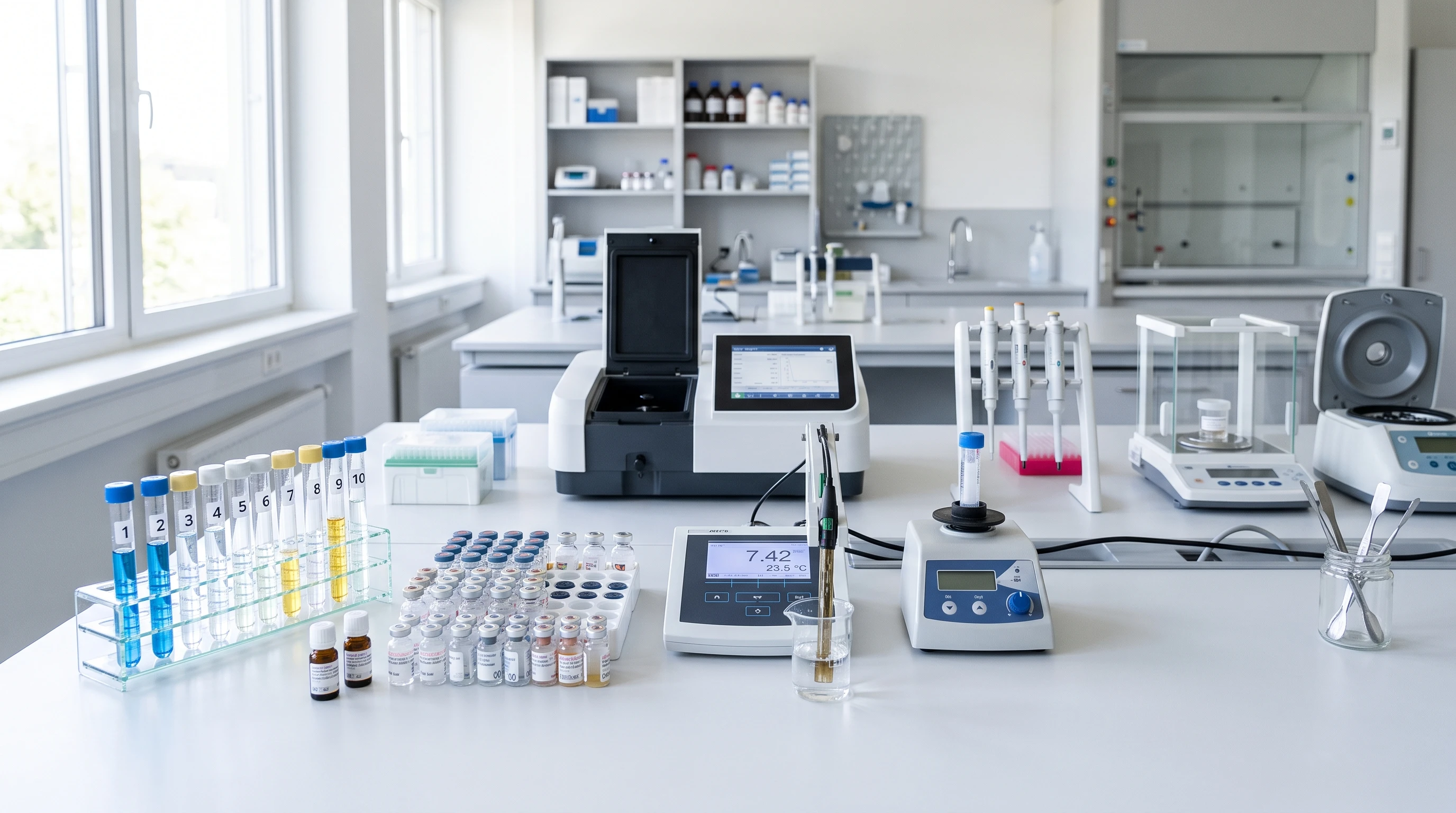 Close-up of laboratory vials, blood samples, and testing equipment on a clean, organized lab bench. Bright, modern background with a focus on accuracy and technology.