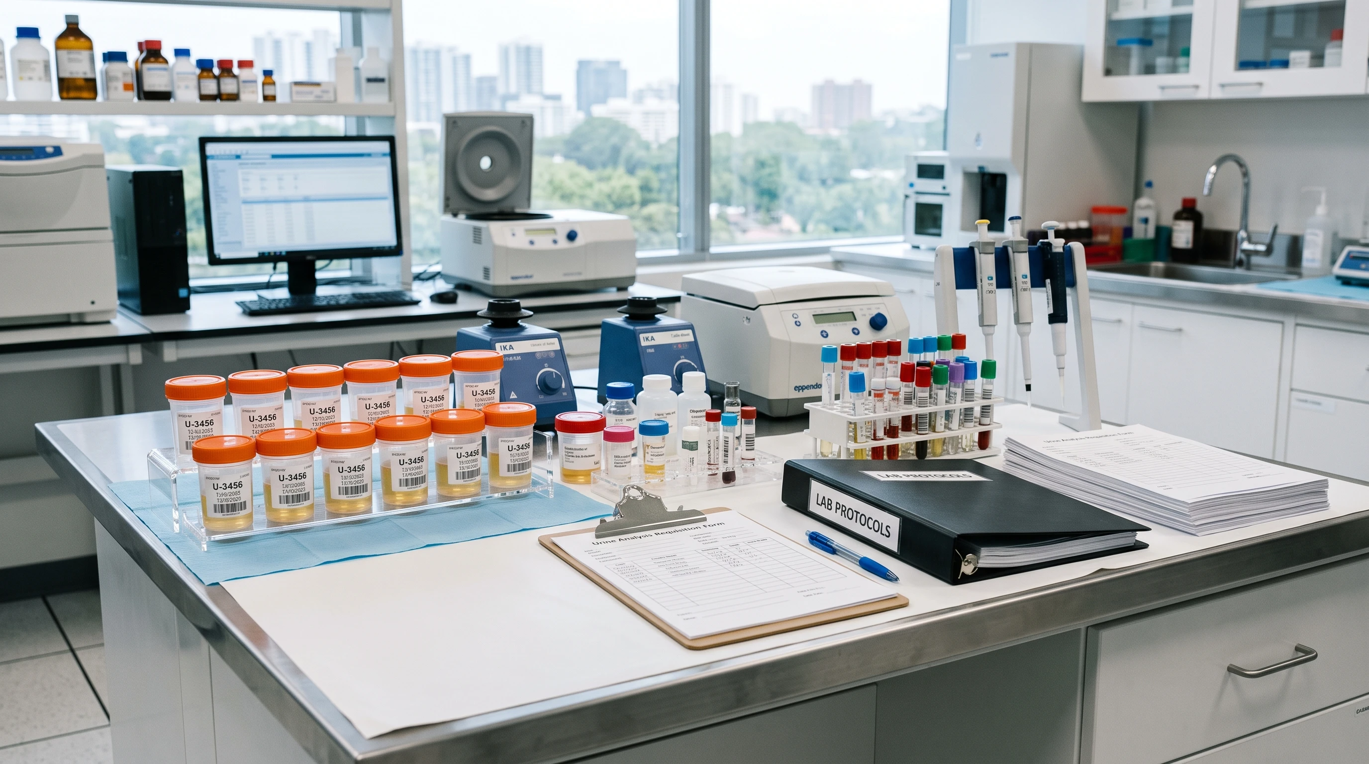 Laboratory environment with sample containers, urine cups, and paperwork neatly arranged