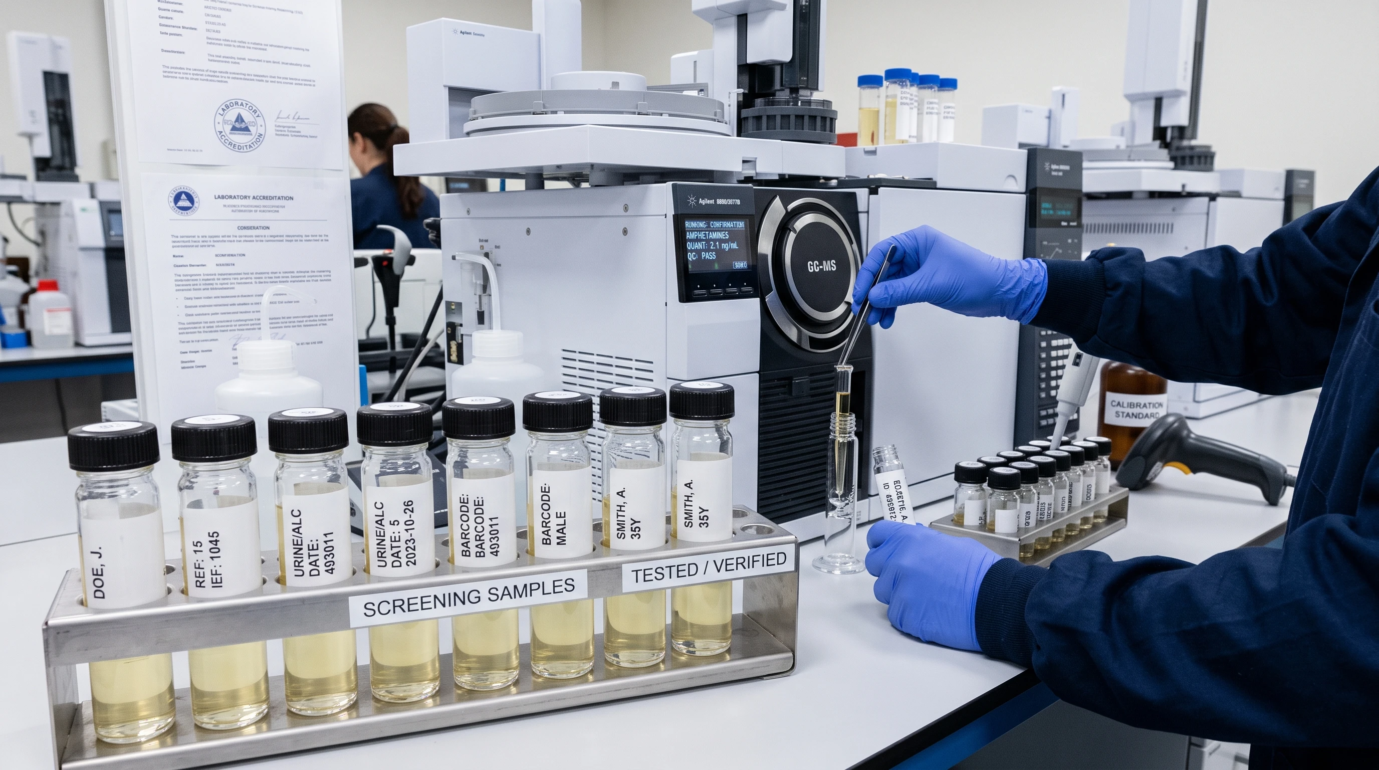 A close-up of laboratory testing equipment and sample vials, symbolizing accuracy and professionalism in drug and alcohol screening.