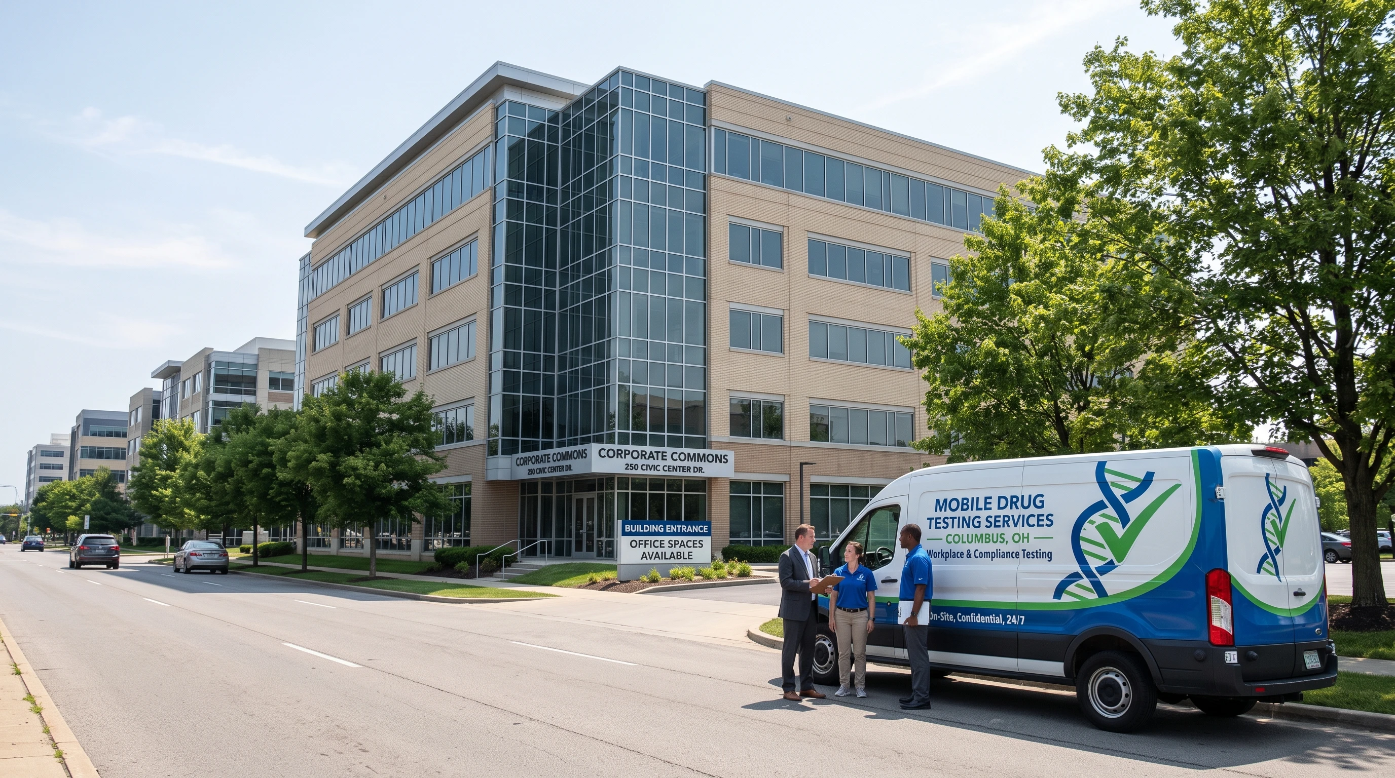 A mobile drug testing van parked in front of an office building in Columbus, Ohio. Trees and modern buildings in the background.
