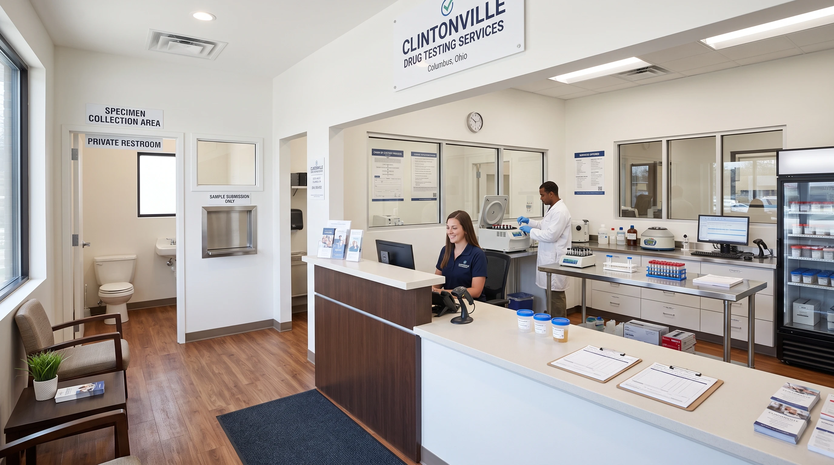 A clean and organized drug testing facility in Clintonville, Columbus, Ohio, showing testing equipment and a secure collection area
