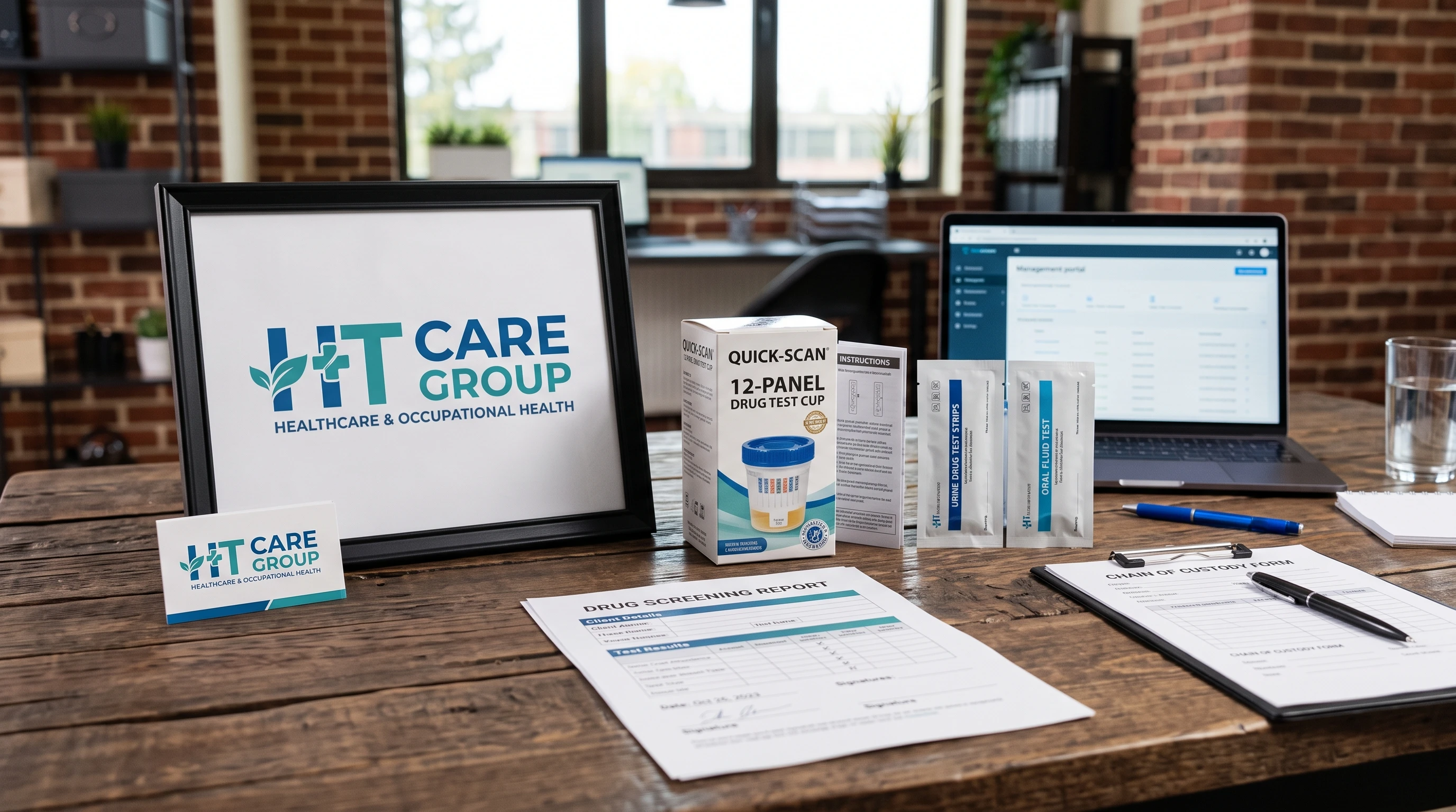 HT Care Group logo and drug testing kits on a table