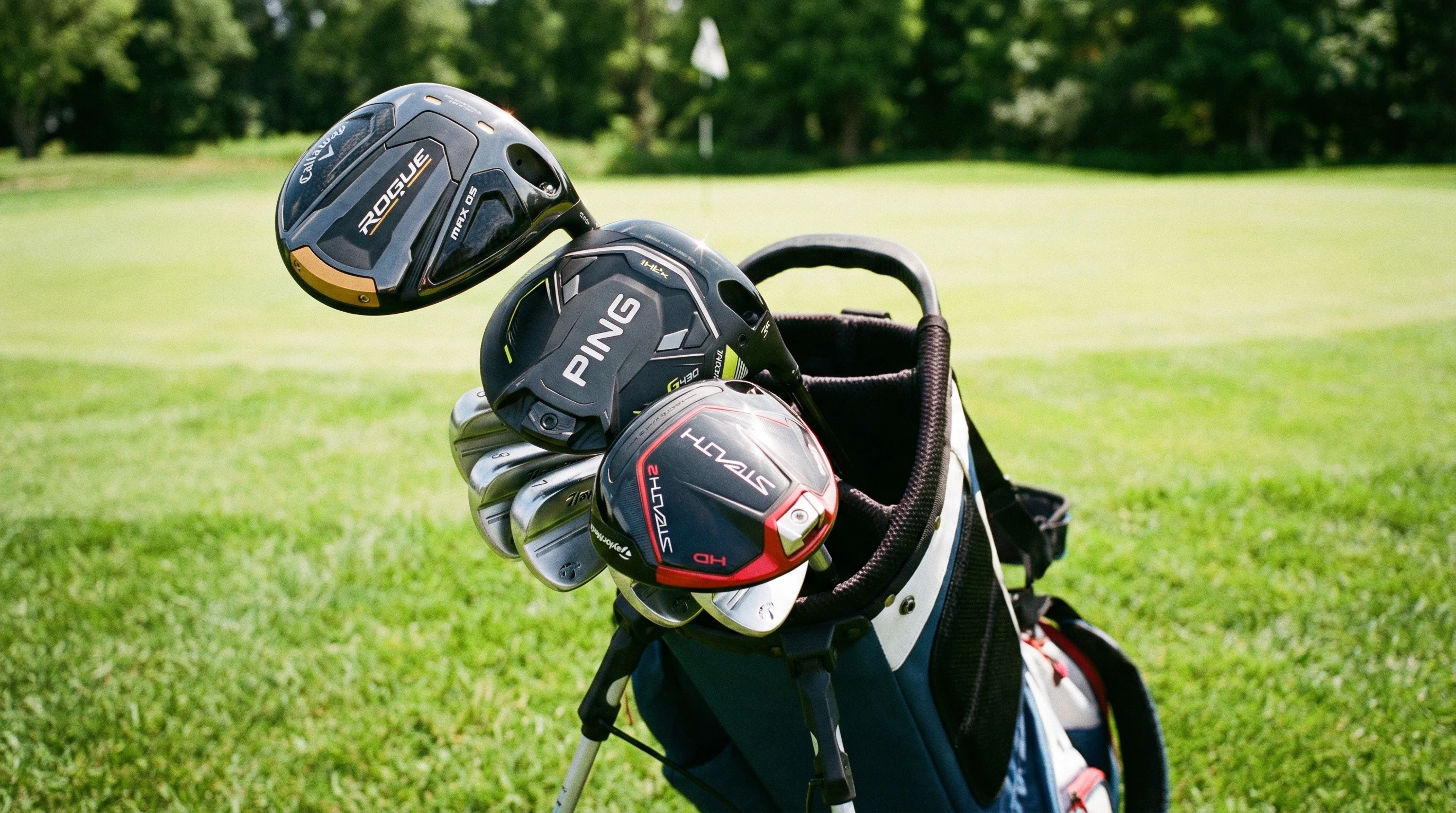 A close-up of several beginner-friendly golf drivers arranged on a golf bag on green grass, with a fairway in the background.
