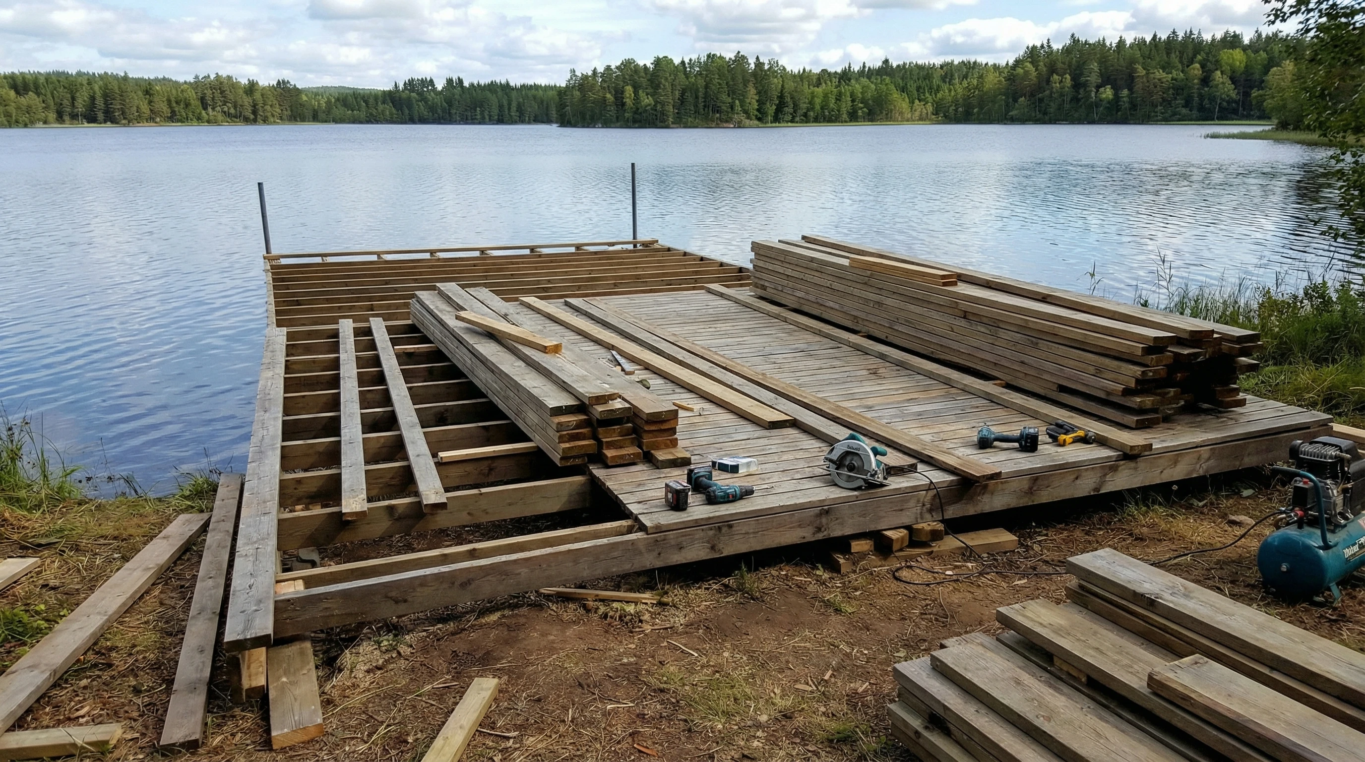 wooden dock under construction on a lakeside with power tools and lumber