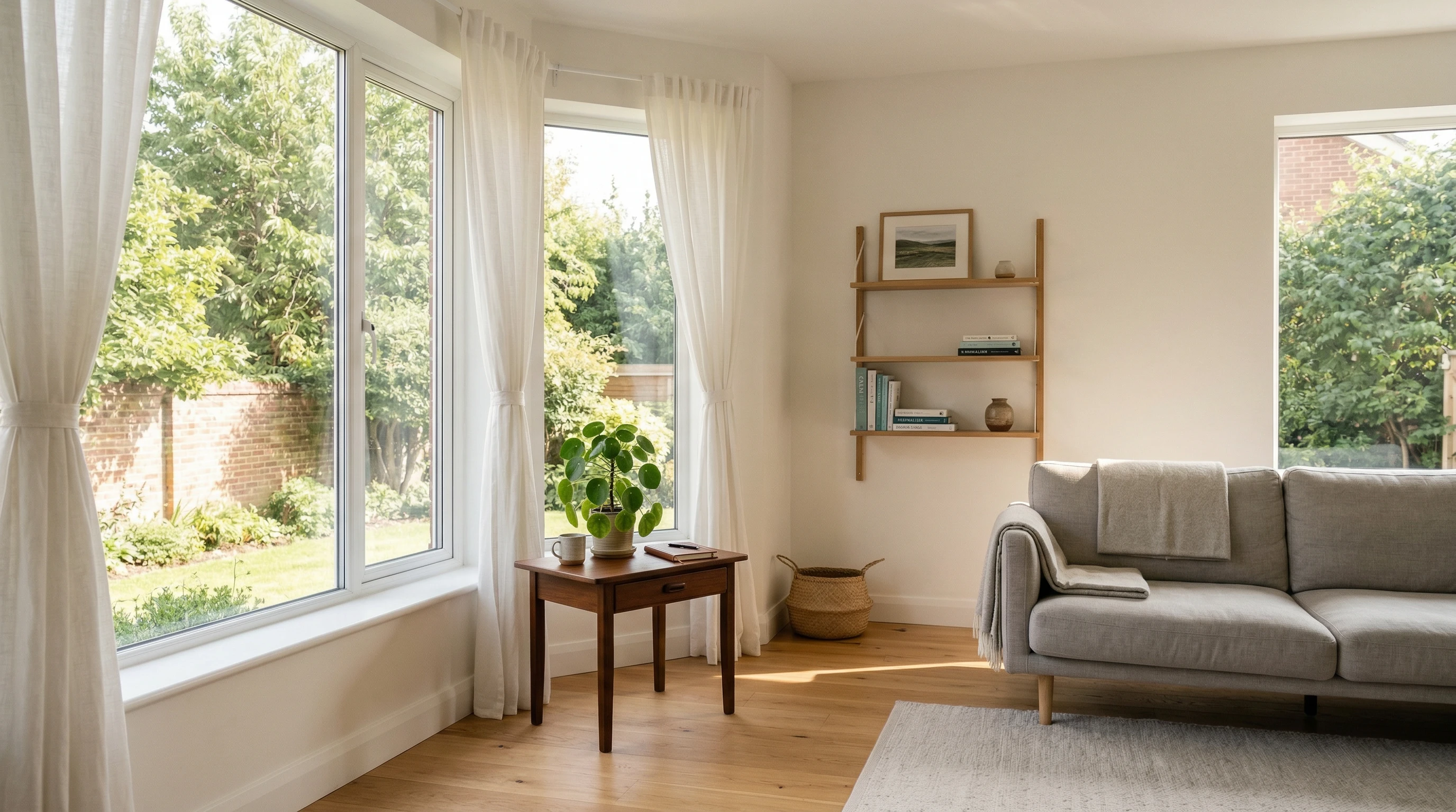 A tidy, minimalist living space with simple decor, sunlight flooding in through large windows, and a small plant on a table. The scene suggests a sense of clarity, calm, and financial stability associated with sober living.