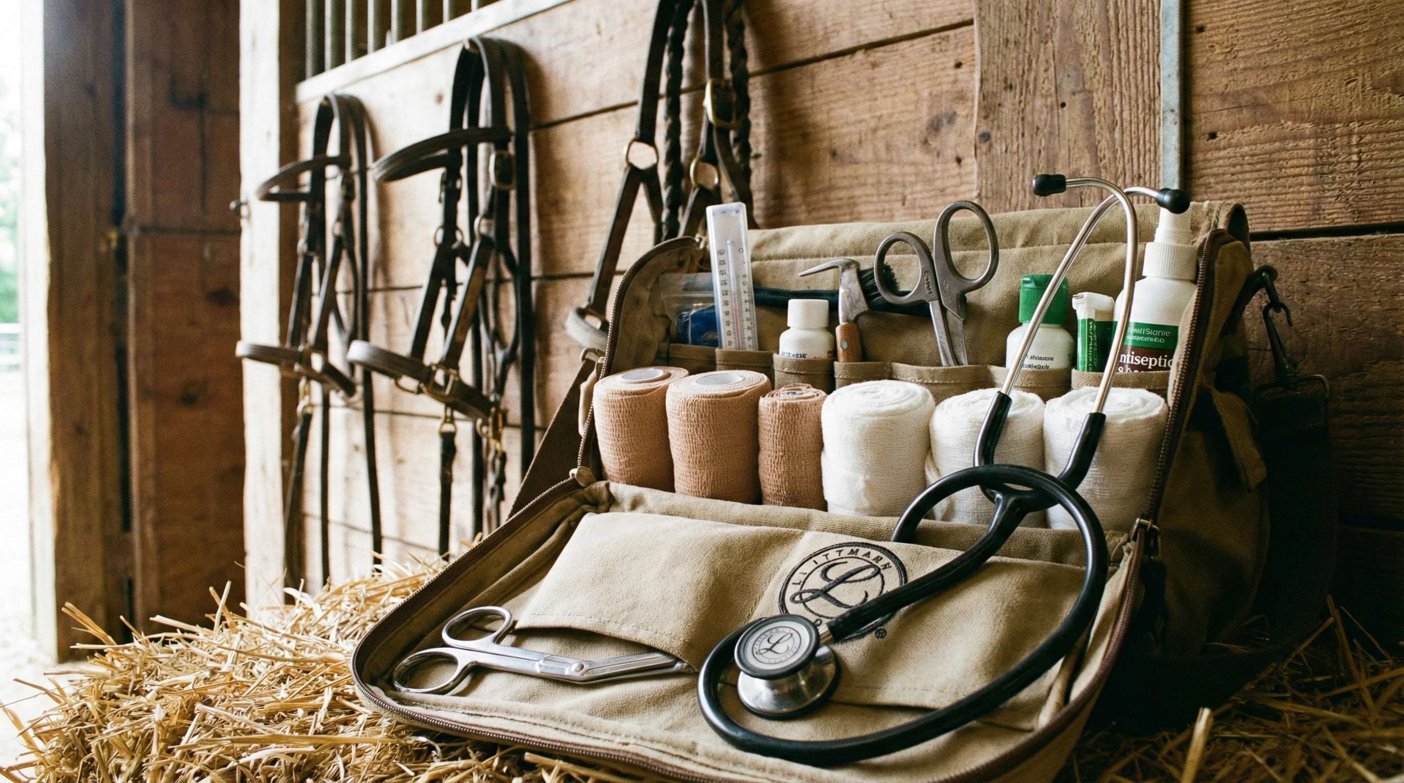 A neat equine first aid kit on straw, close-up on bandages, scissors, and a stethoscope, with horse tack hanging on a wooden wall in the background.