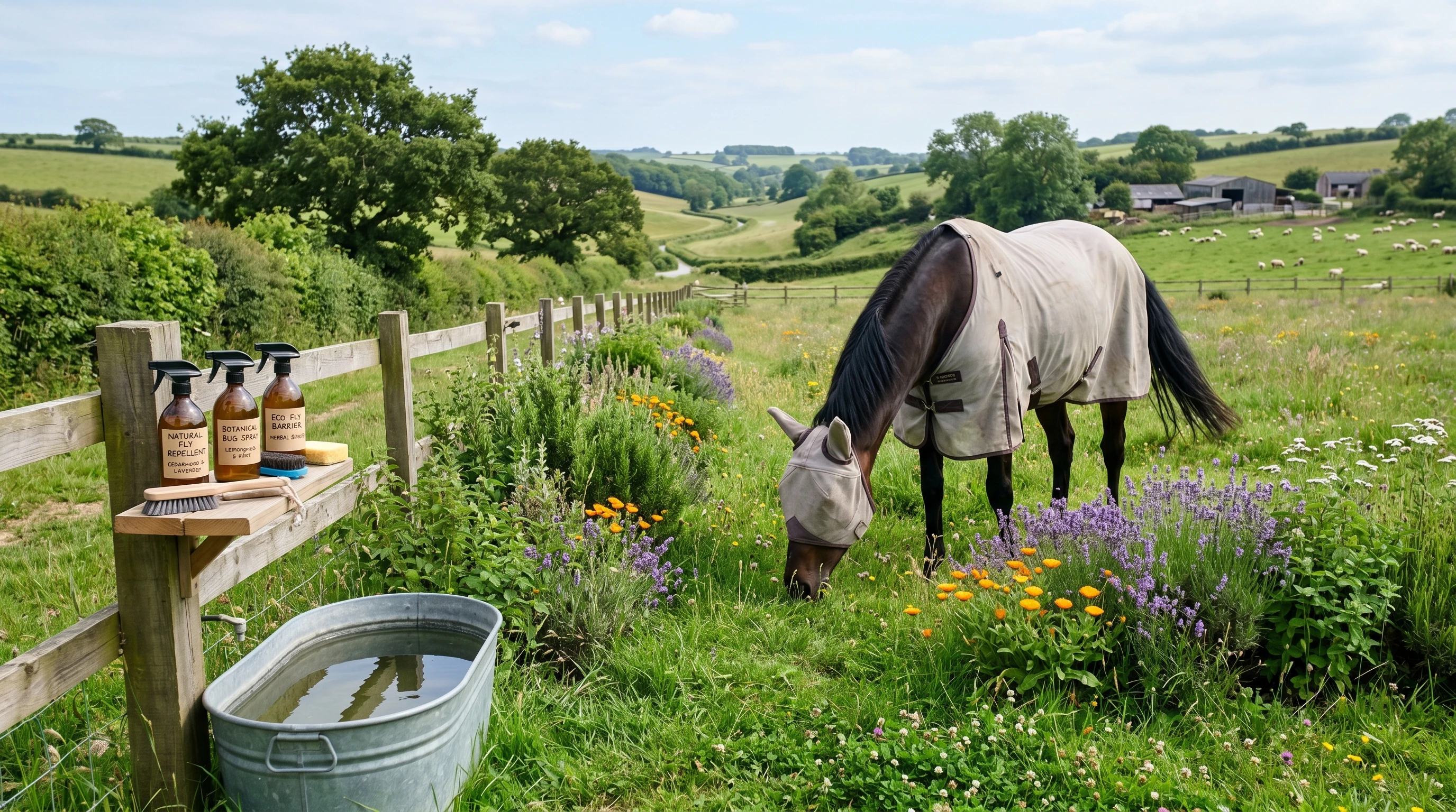 A horse grazing in a green pasture with natural insect control methods visible, such as fly-repelling plants and ecosafe fly spray bottles nearby.