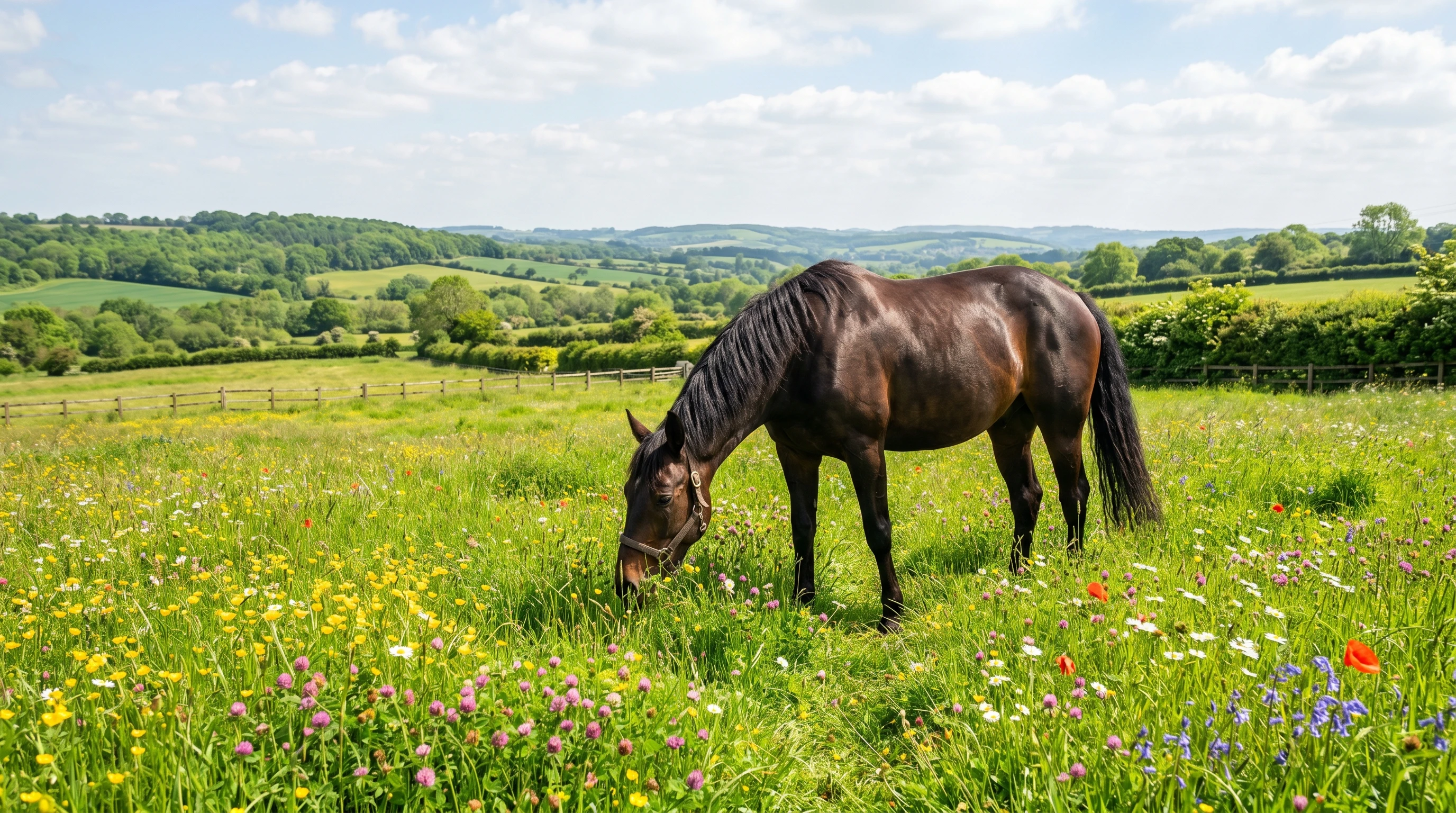 A horse grazing in a green pasture with wildflowers under a clear spring sky
