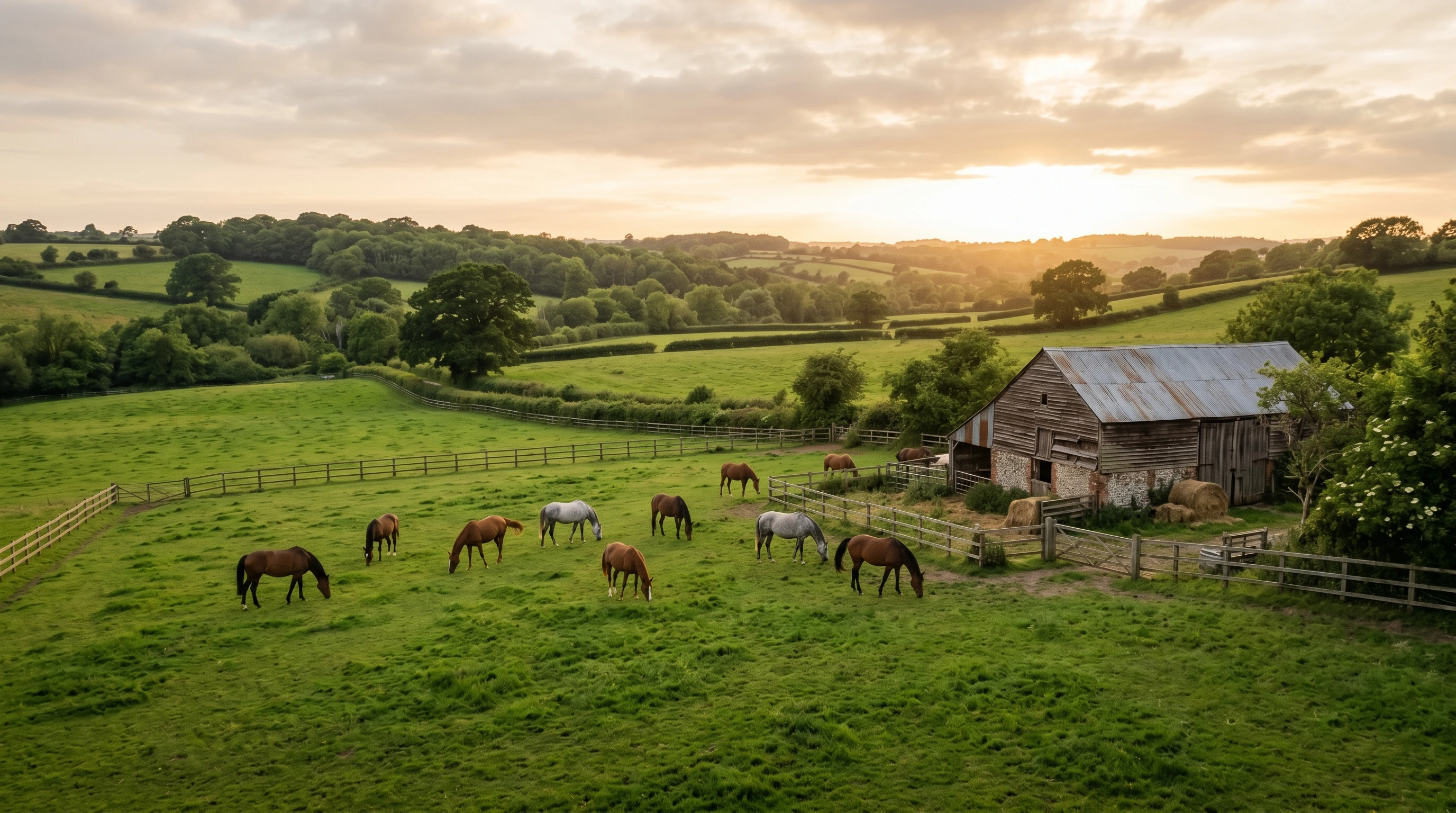Open paddock with grazing horses and a cozy barn in golden evening light, scenic countryside view