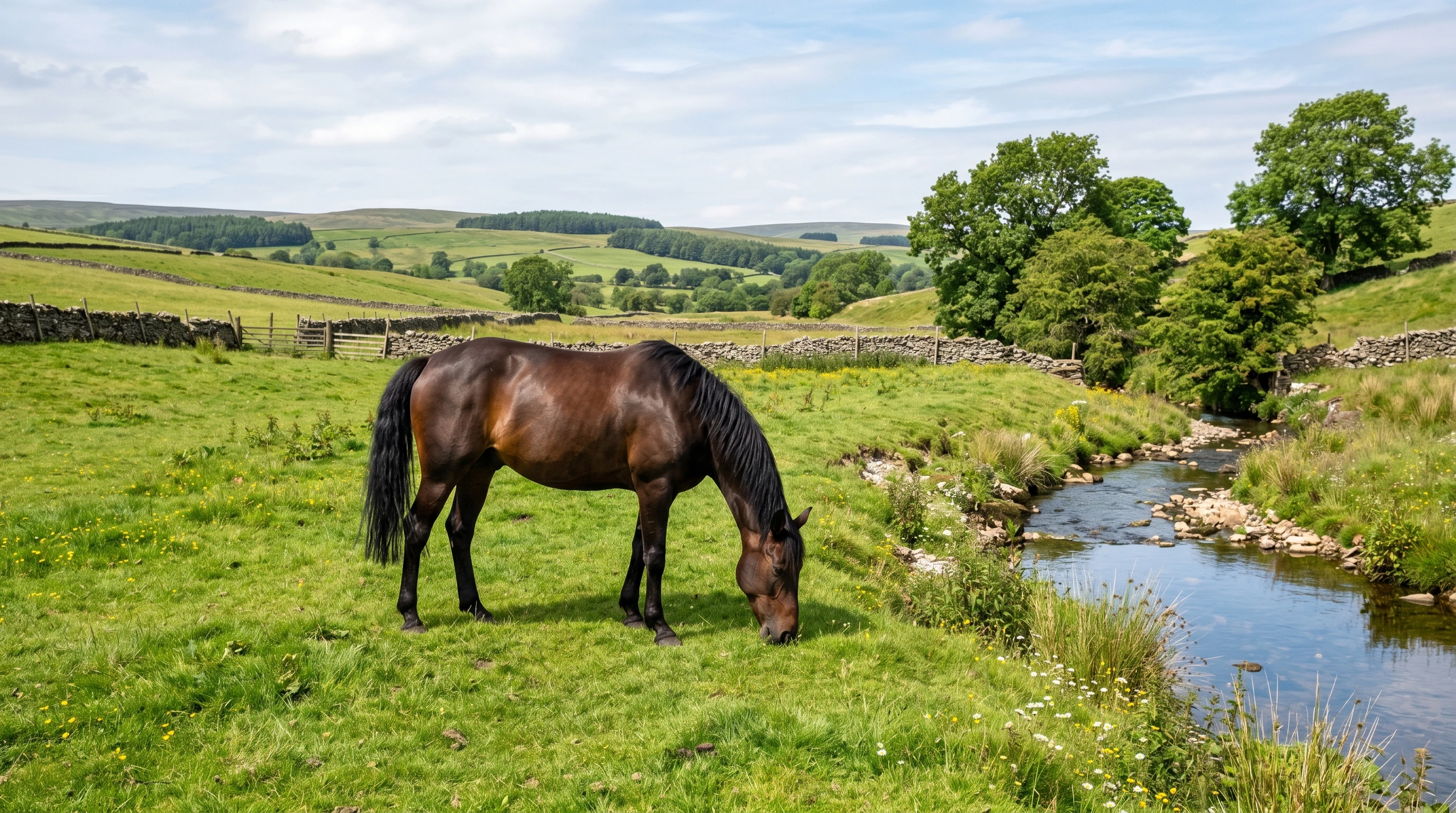 calm horse grazing in a sunlit pasture