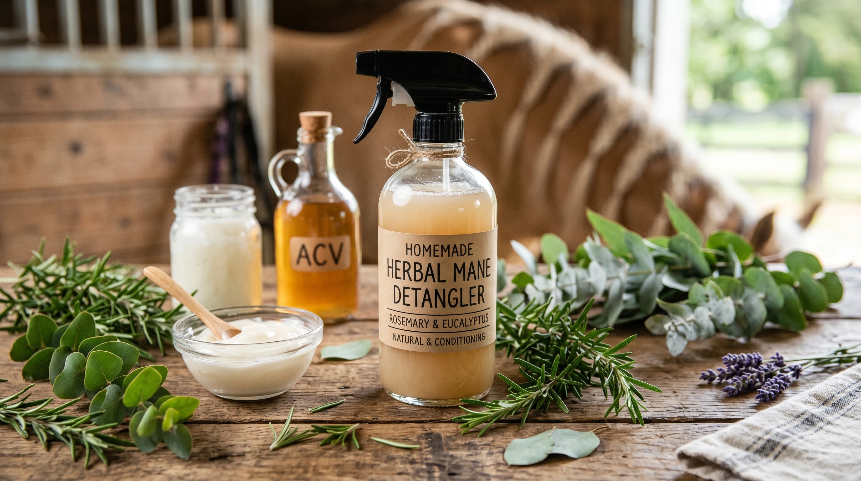 homemade herbal mane detangler and fresh botanical ingredients