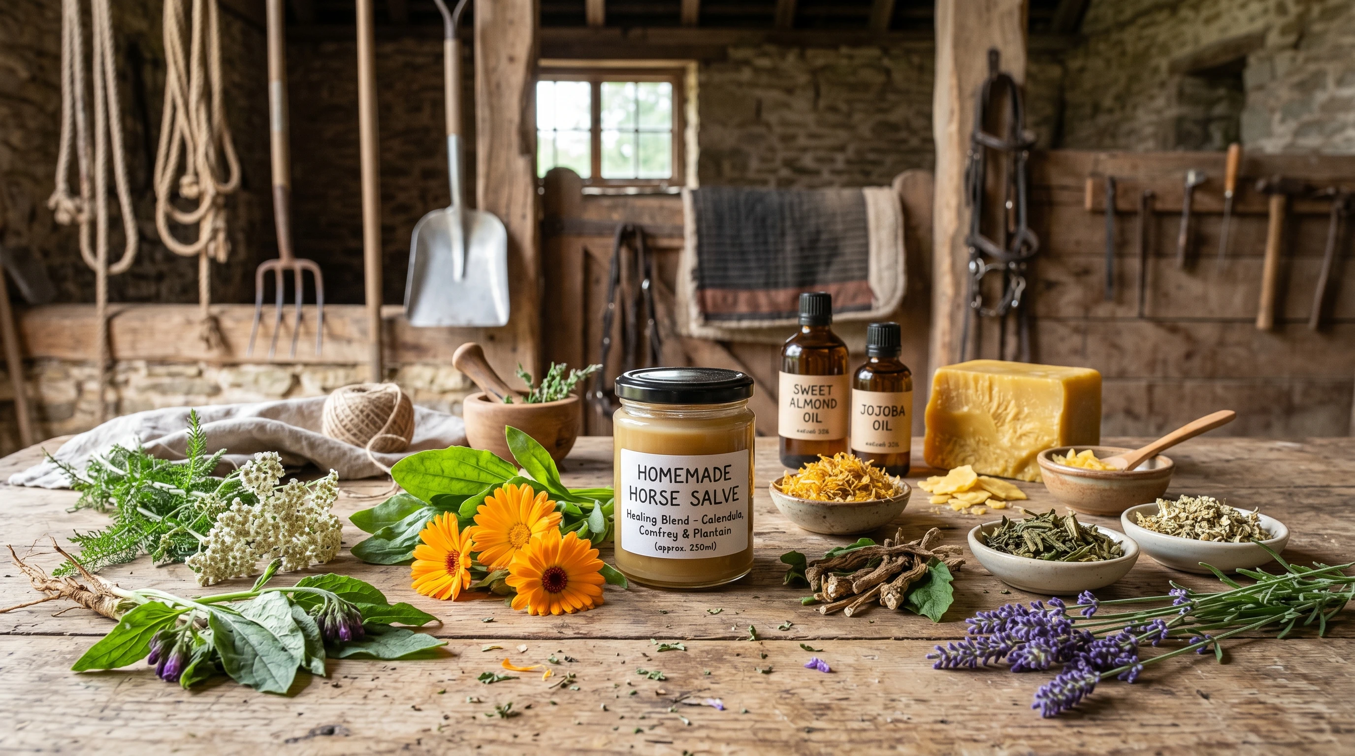 A variety of dried herbs and natural oils on a rustic table, with a bowl of homemade horse salve in the center