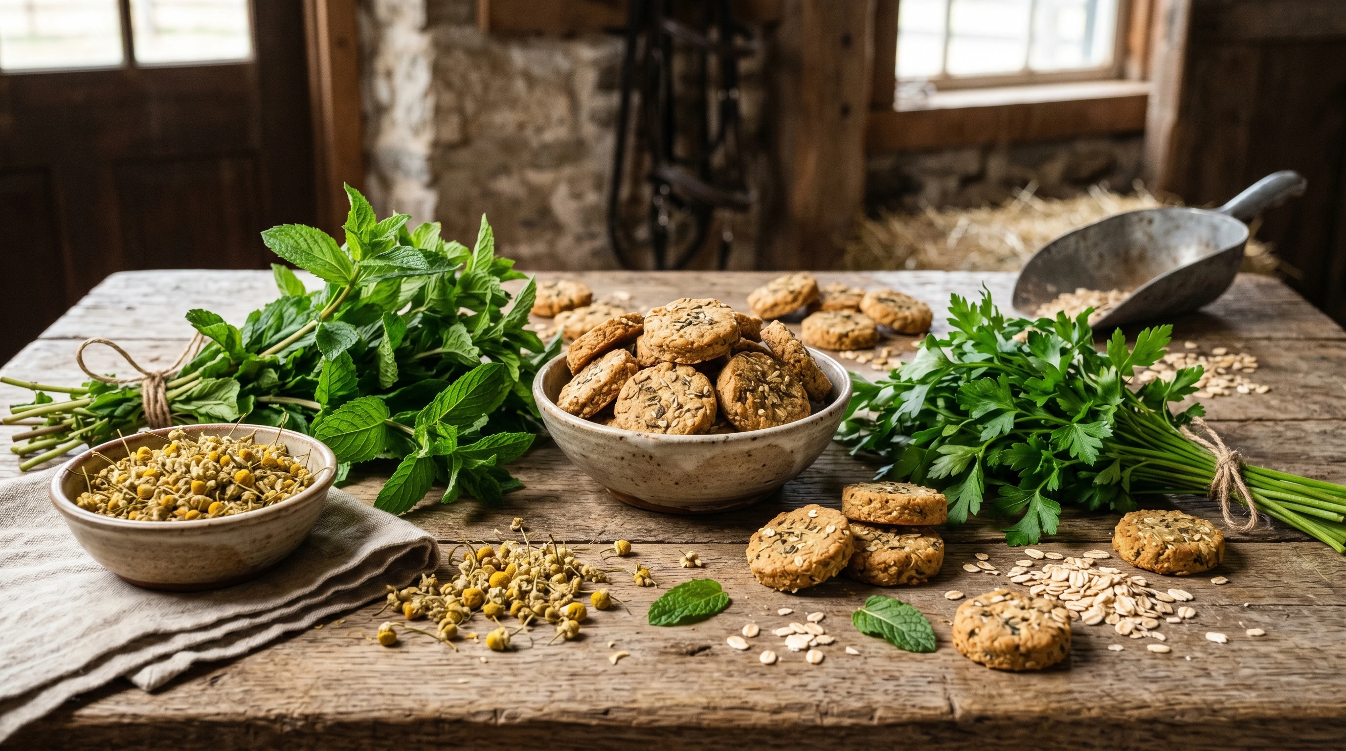 Herbal horse treats on a rustic board with sprigs of fresh herbs