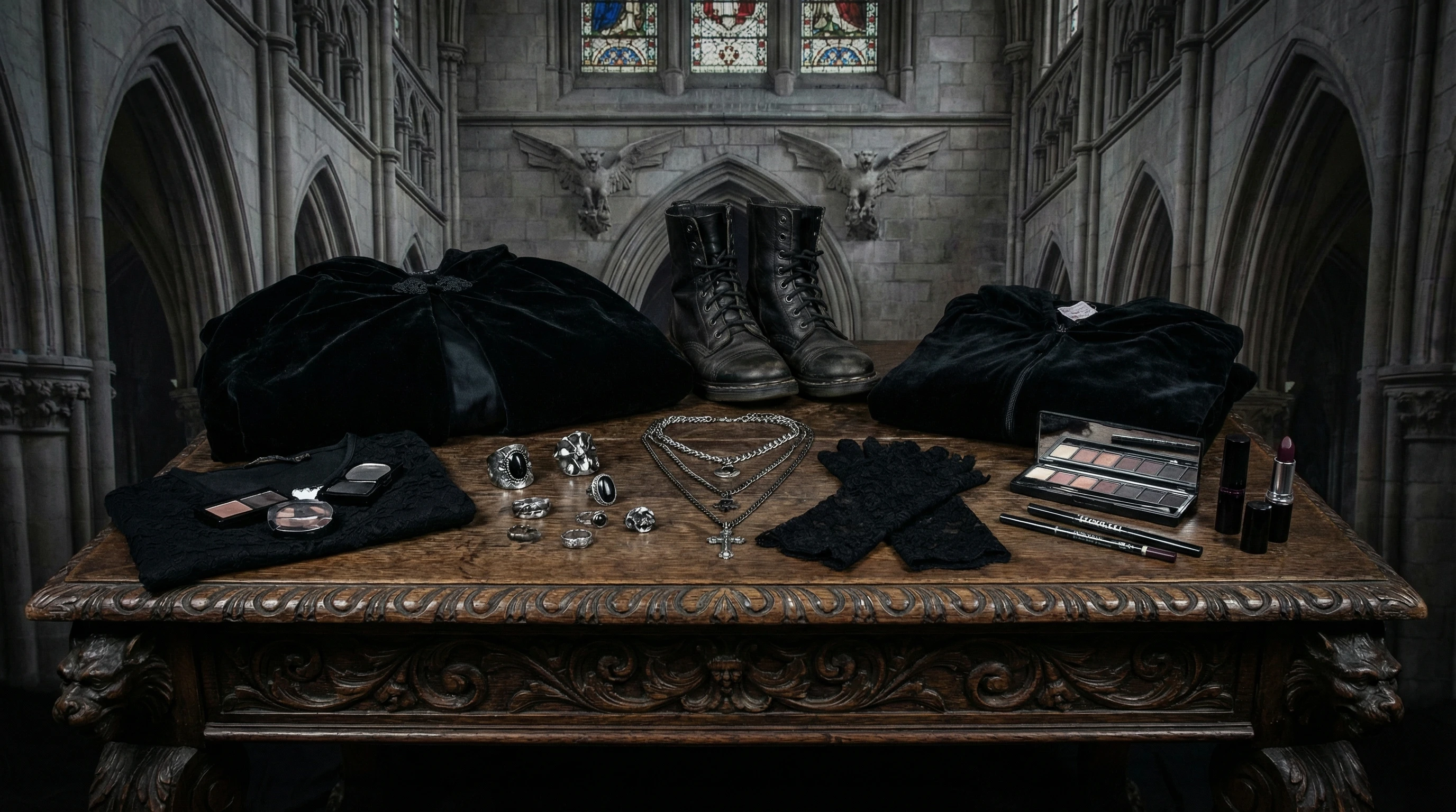 Gothic clothing and accessories display. Black lace, boots, chokers, and velvet capes arranged artistically against a dark, moody background.