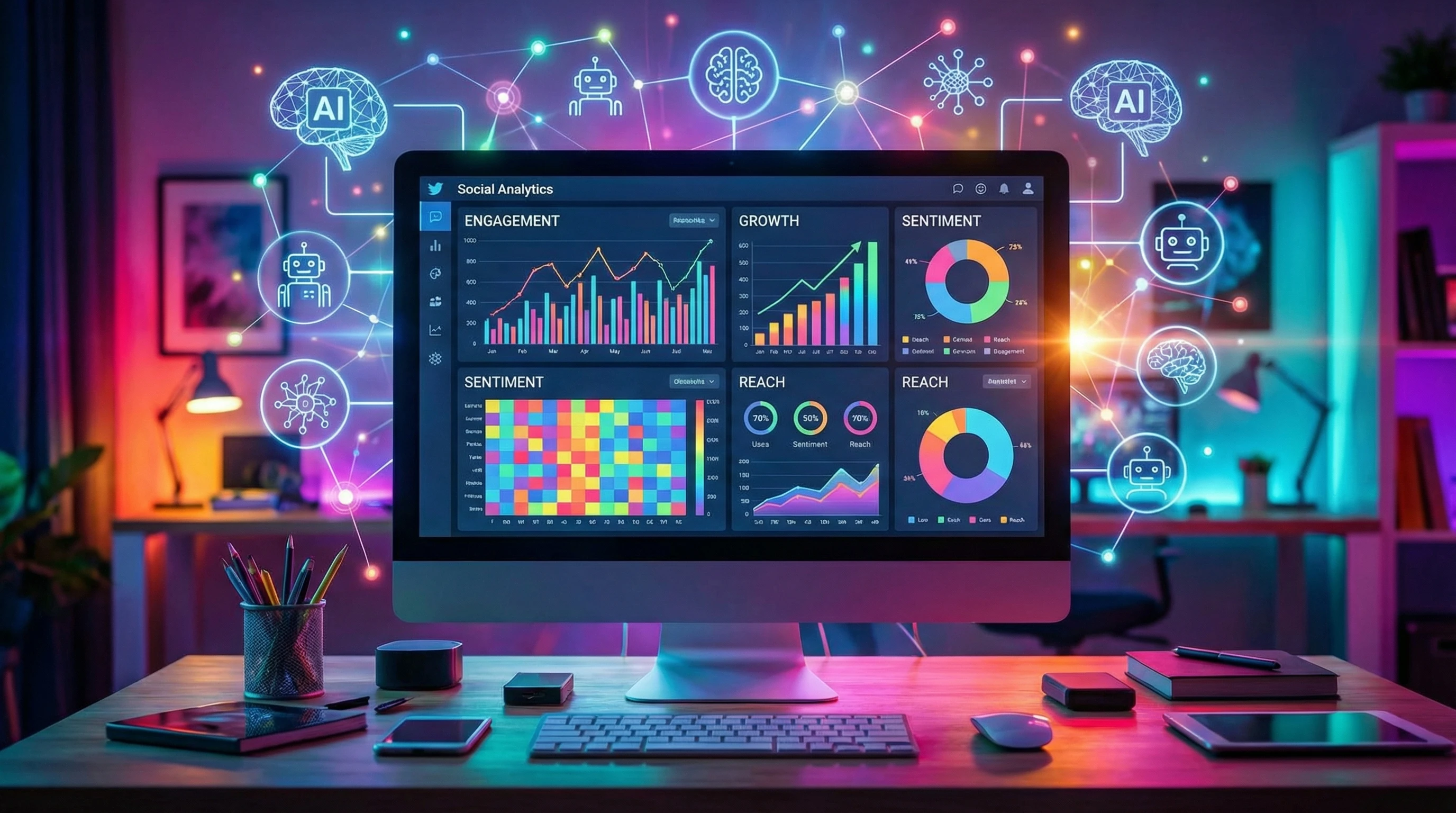 Charts and AI icons representing social media impact analysis