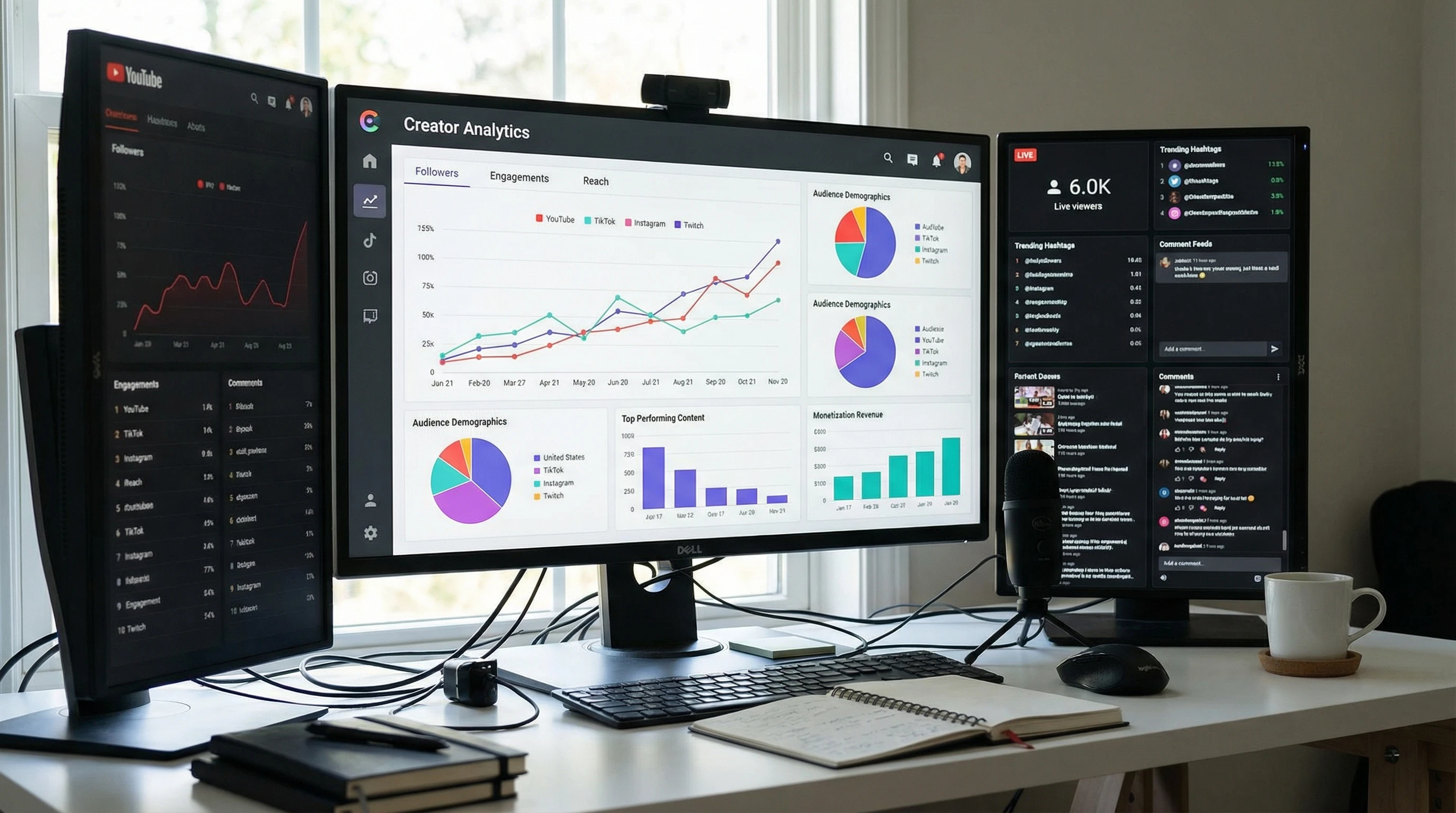 dashboard scene showing various social media analytics and charts relevant to content creators