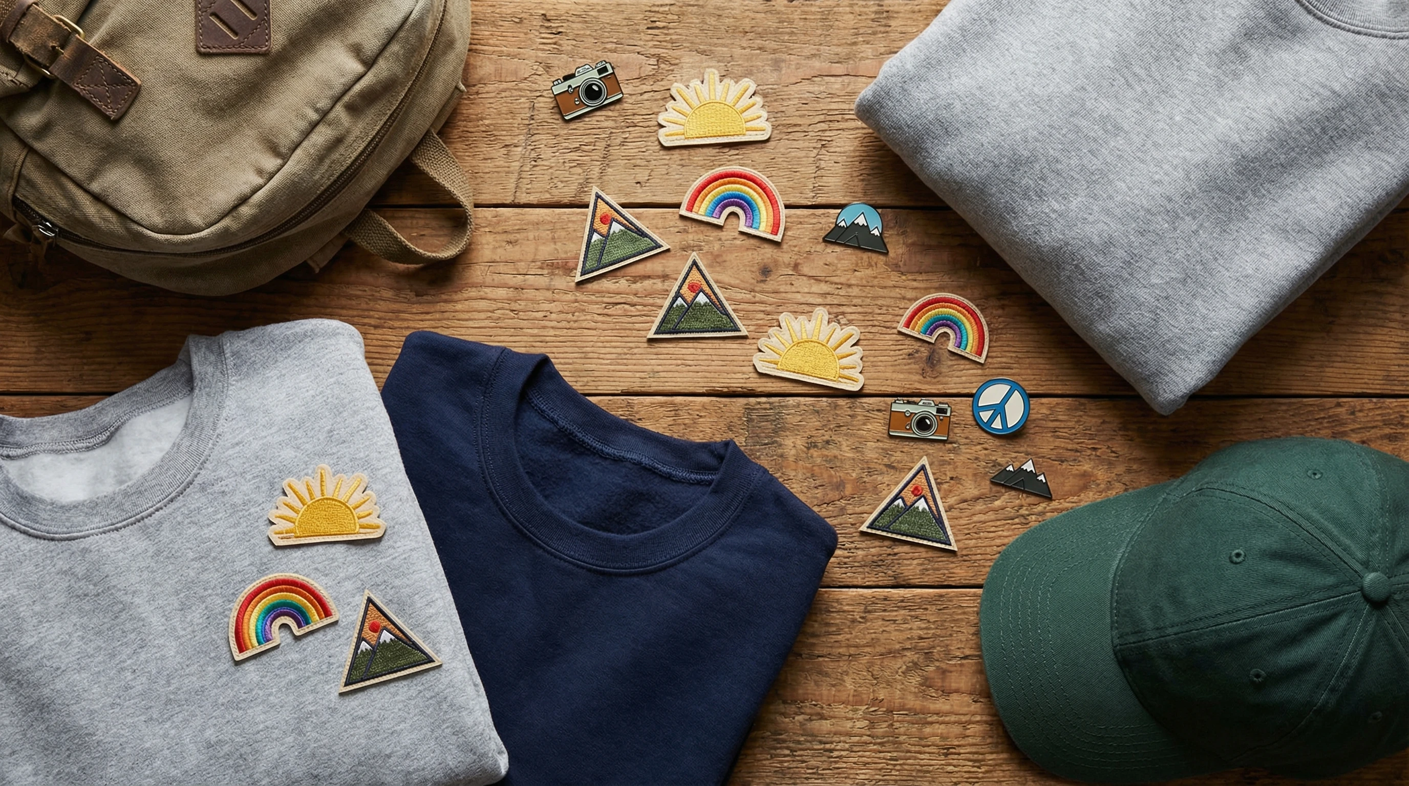 Assorted colorful patches and enamel pins arranged with casual sporty clothing and a backpack. A flat-lay of patches including suns, rainbows, and simple geometric shapes around blank sweats and a cap.