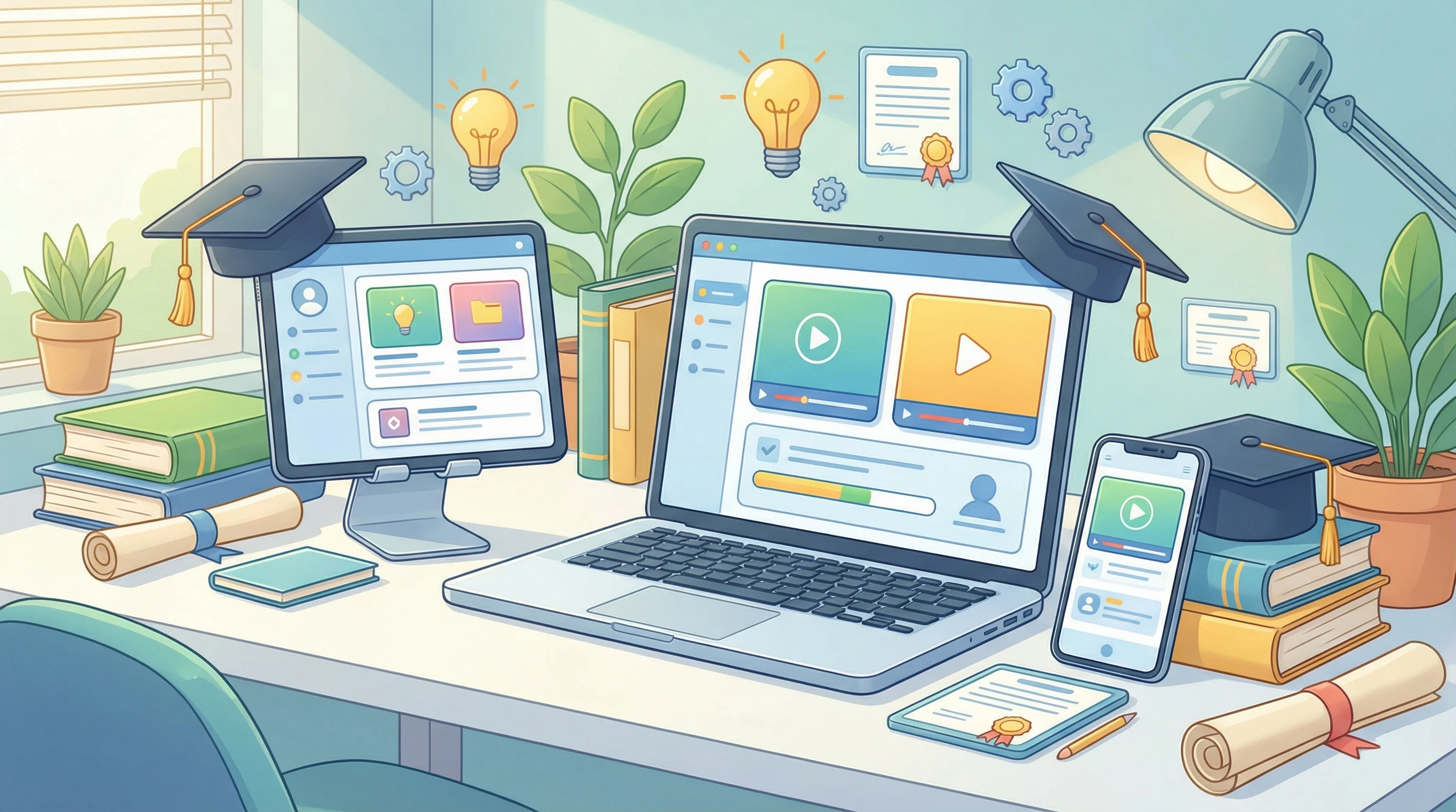 illustration of various online learning platforms, each displayed on a laptop, tablets, and phones, with books, graduation caps, and digital icons around them, in a bright workspace