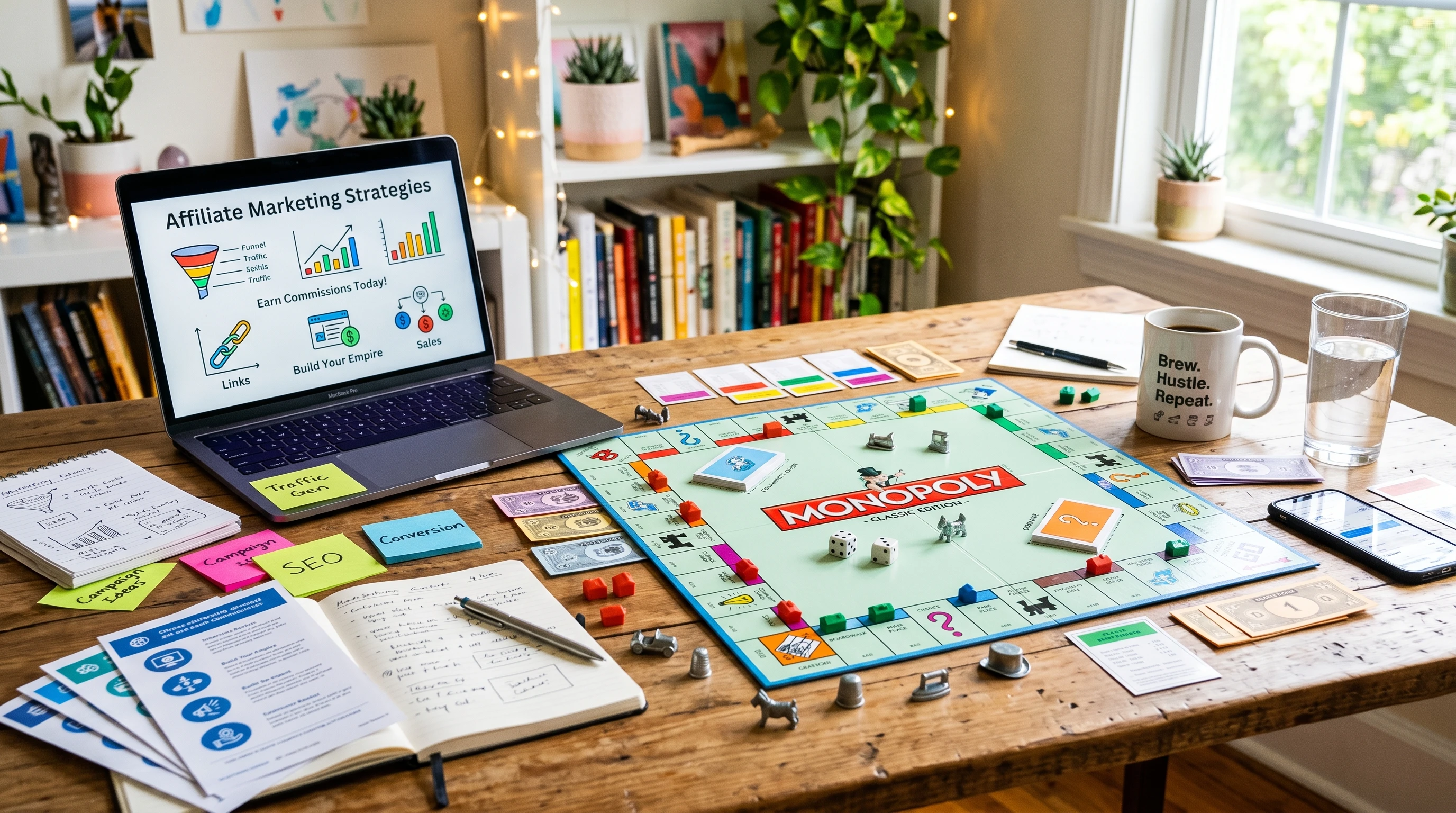 A colorful Monopoly board game and laptop with affiliate marketing materials, scattered game pieces, and a coffee mug on a wooden table. Board game and marketing icons with colorful background. Bright lighting, creative workspace vibe.