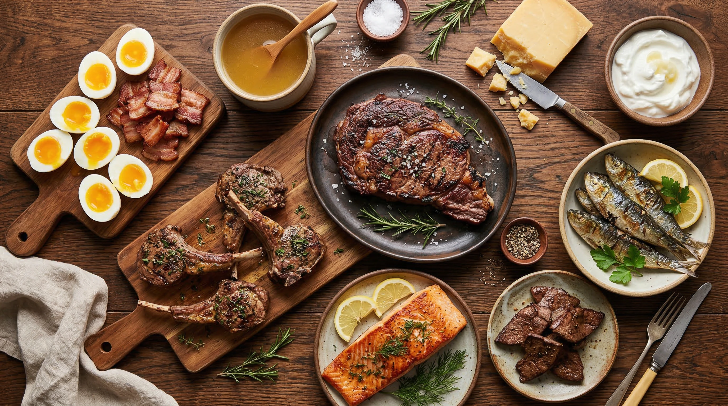 Assorted carnivore diet foods like steak, eggs, cheese, and salmon on a wooden board.