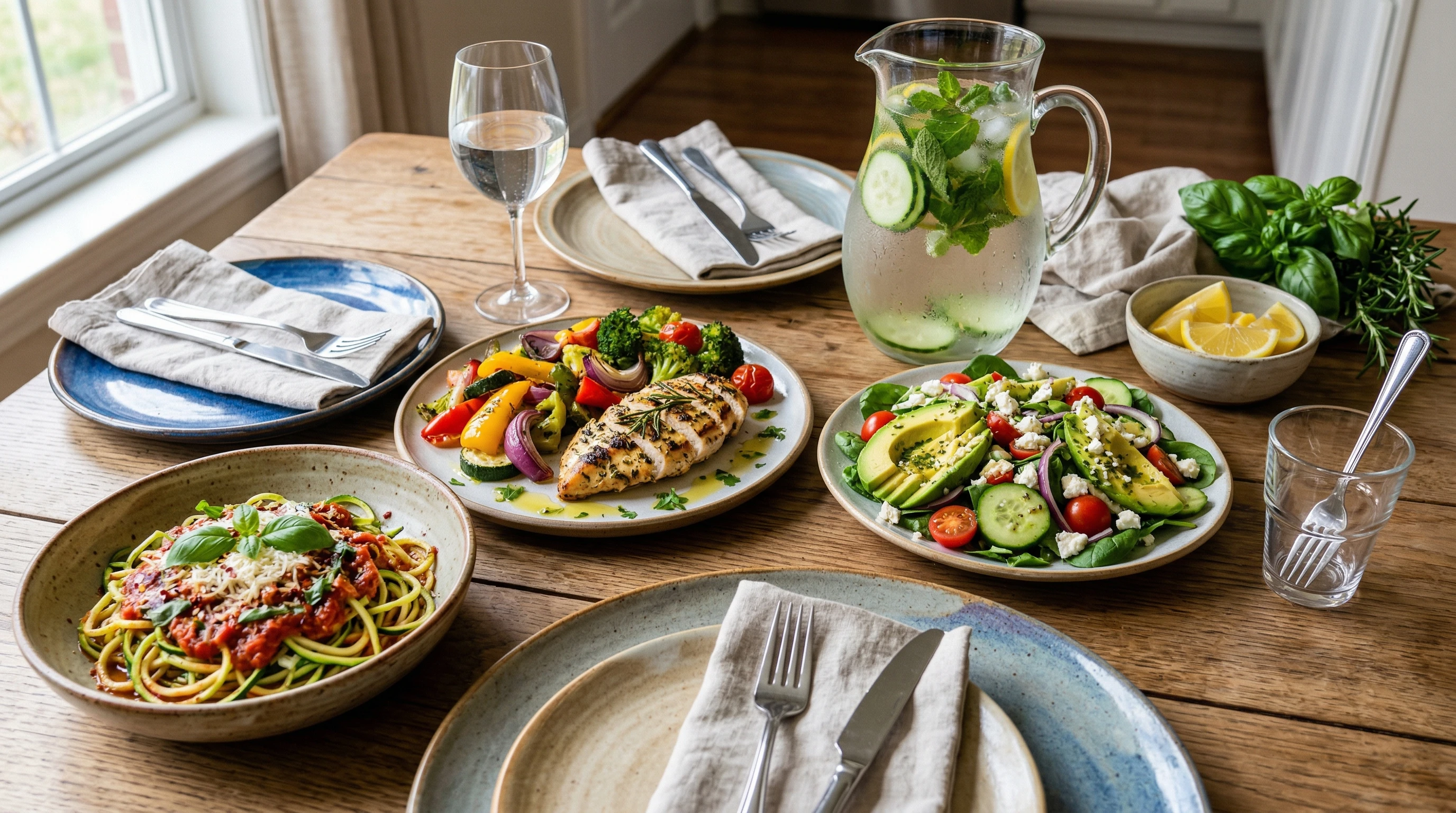 A colorful table with several keto meals, featuring zucchini noodles, grilled chicken, avocado salad, and roasted vegetables on rustic plates. A glass pitcher of infused water sits alongside fresh herbs and lemon wedges.