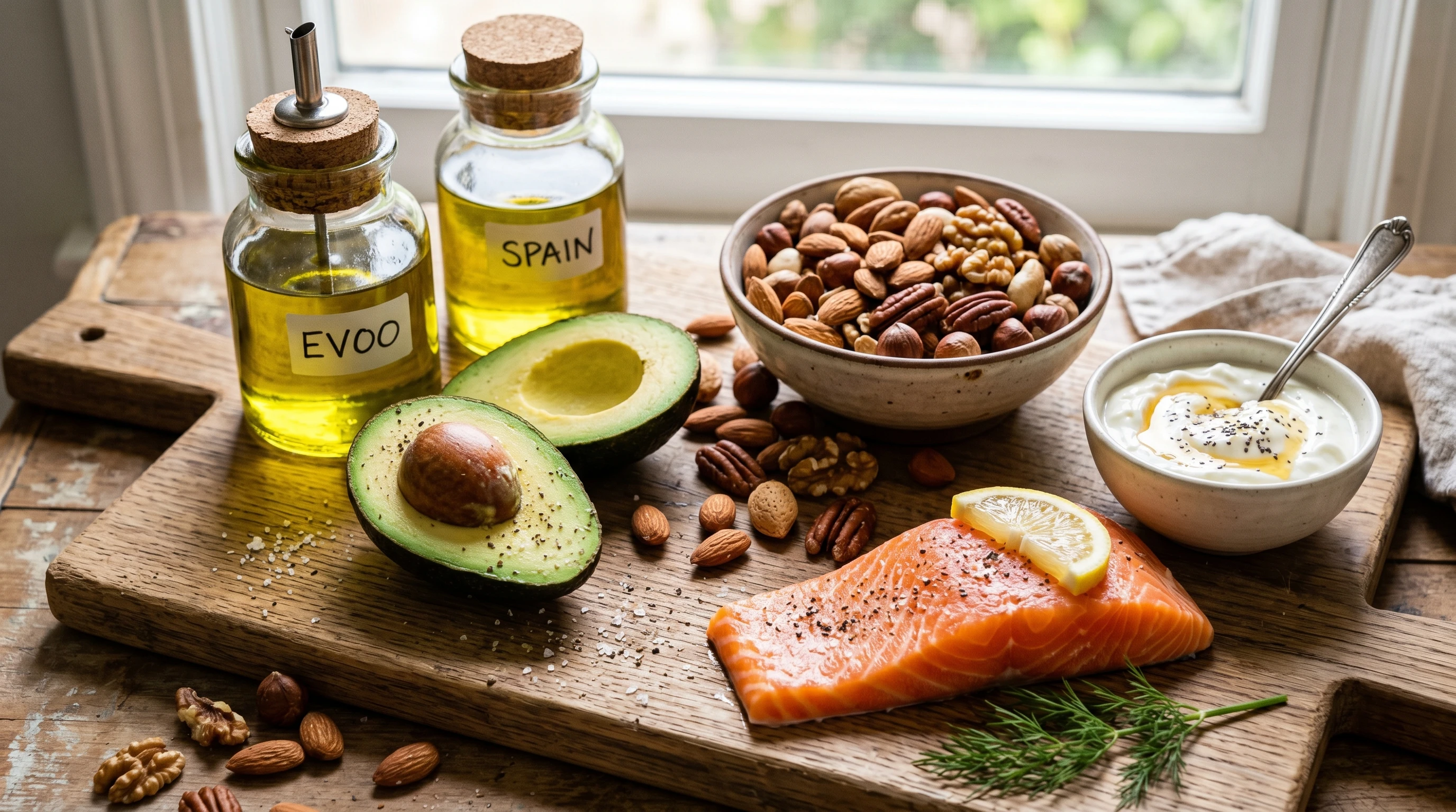 A vibrant display of healthy fats: extra virgin olive oil, a halved avocado, a bowl of mixed nuts, salmon fillet, and full-fat Greek yogurt. Oils shine in glass jars, nuts are scattered, and all items sit on a simple wooden board.