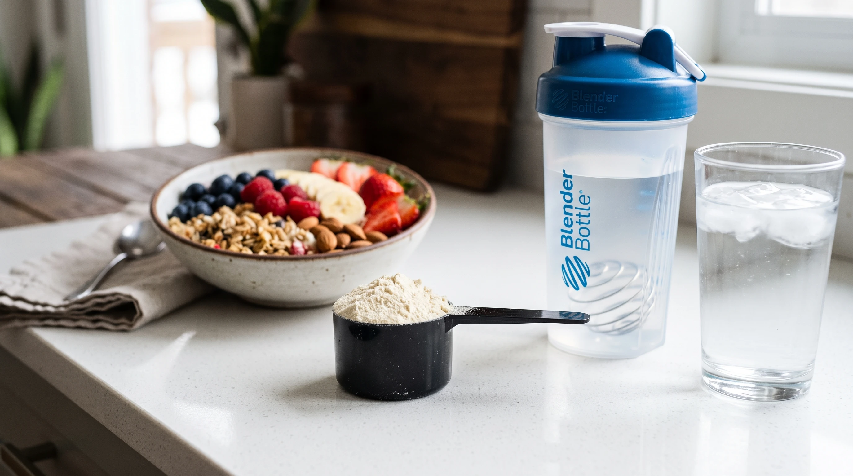 A close-up view of undenatured whey protein powder in a scoop, resting on a clean kitchen countertop next to a shaker bottle and a glass of water. A bowl of fresh fruit and whole grains are visible in the background, emphasizing a balanced diet.