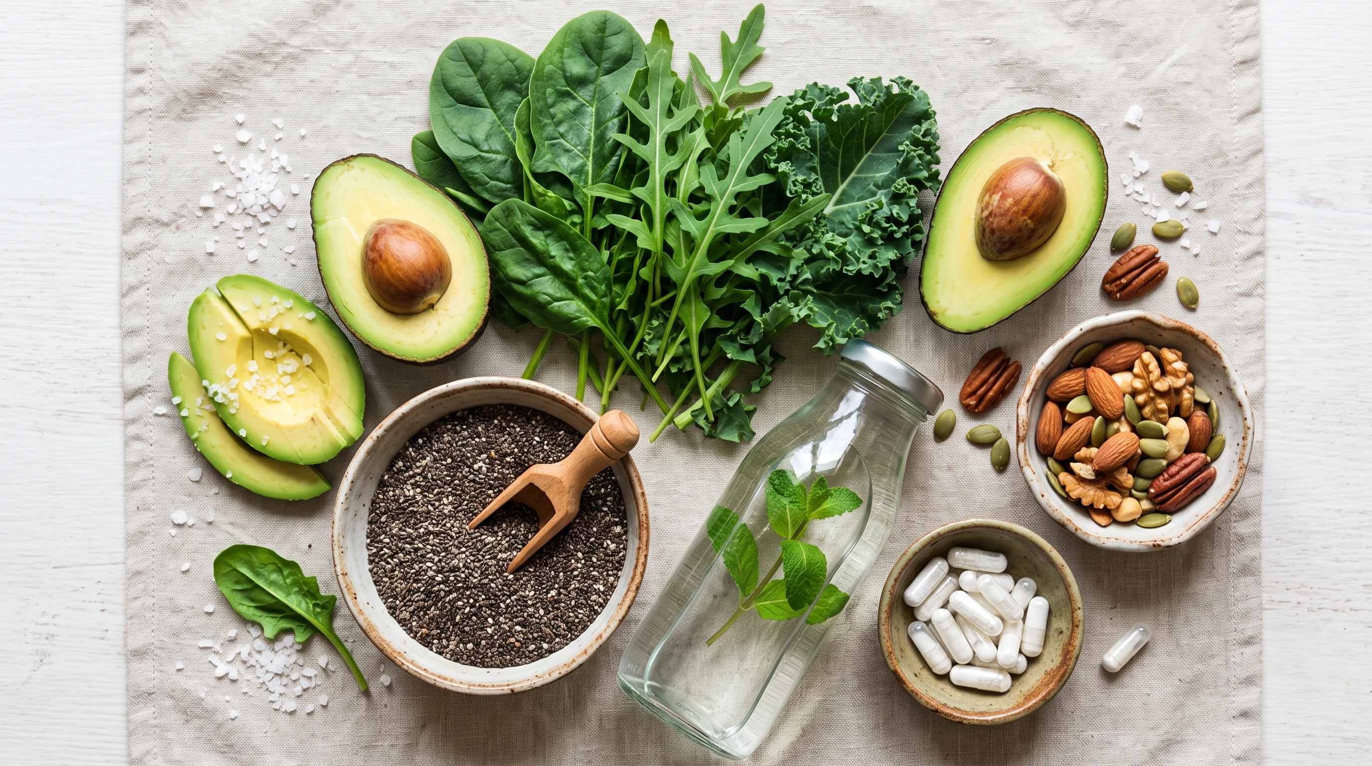 A photo of colorful keto-friendly vegetables, a water bottle, sea salt, nuts, and a small bowl of magnesium capsules on a light background. These foods and supplements represent healthy, low-carb options that help relieve constipation on a keto diet.